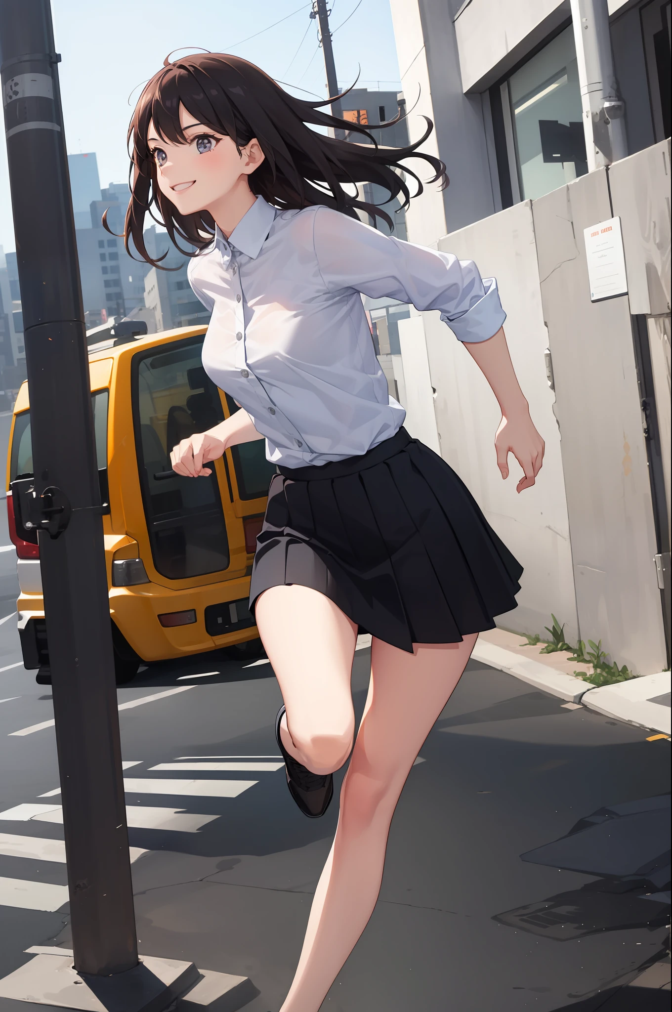 1 girl, smiling, shirt, skirt, (small breasts) flickering, running briskly,