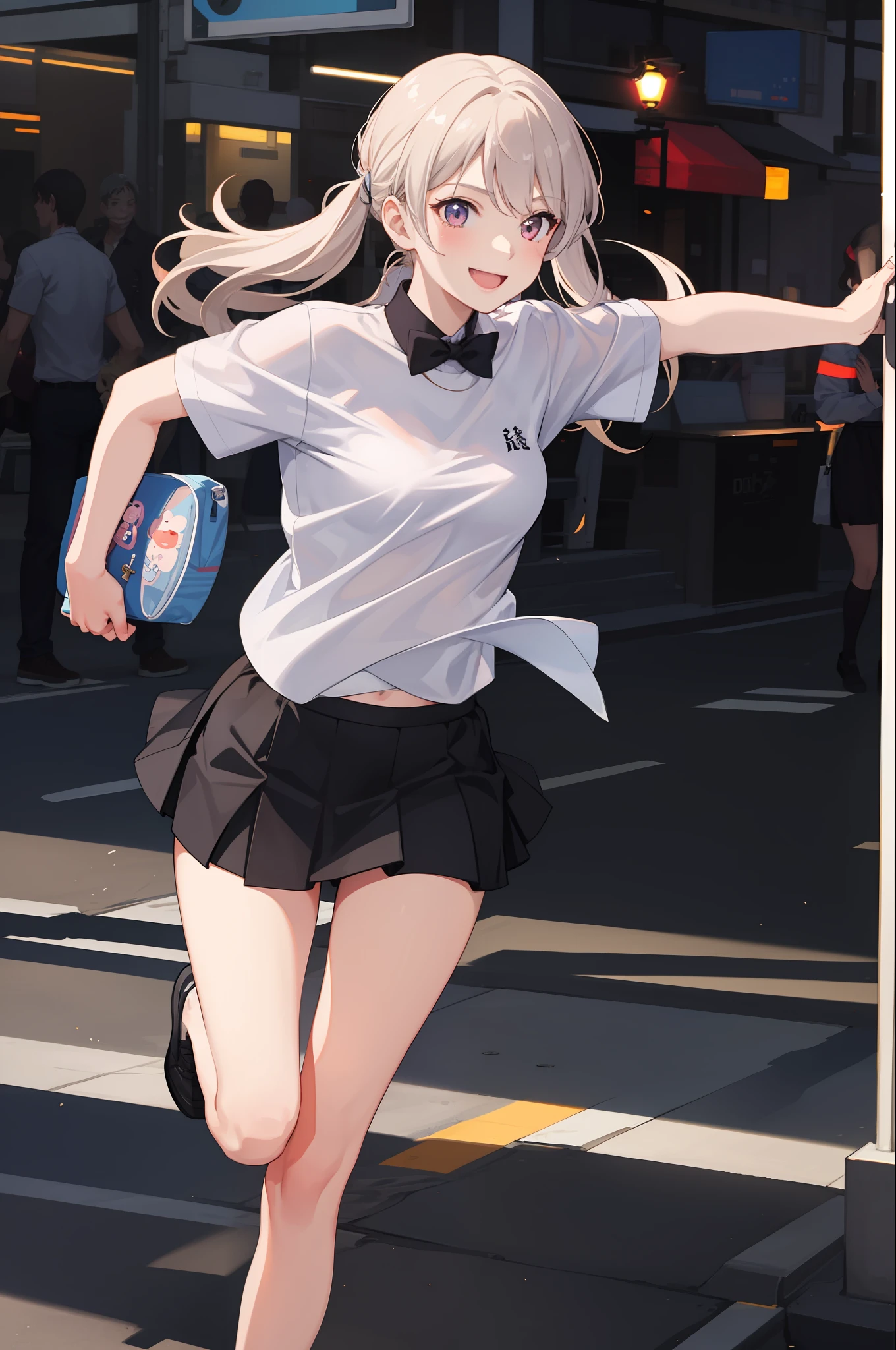 1 girl, smiling, shirt, skirt, (small breasts) flickering, running briskly,