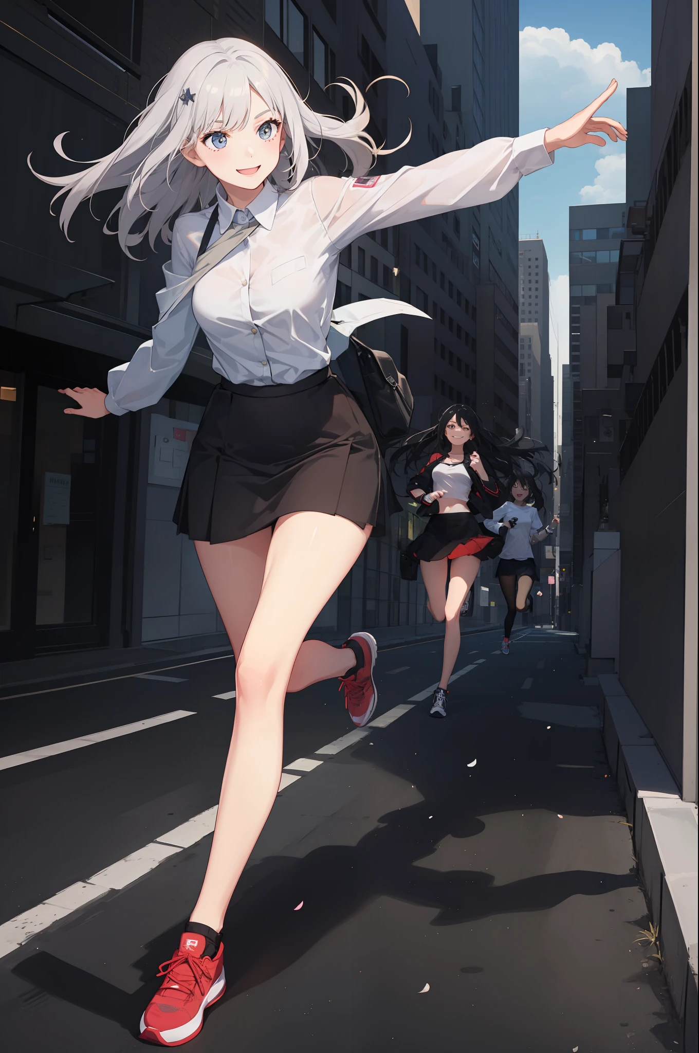 1 girl, smiling, shirt, skirt, (small breasts) flickering, running briskly,