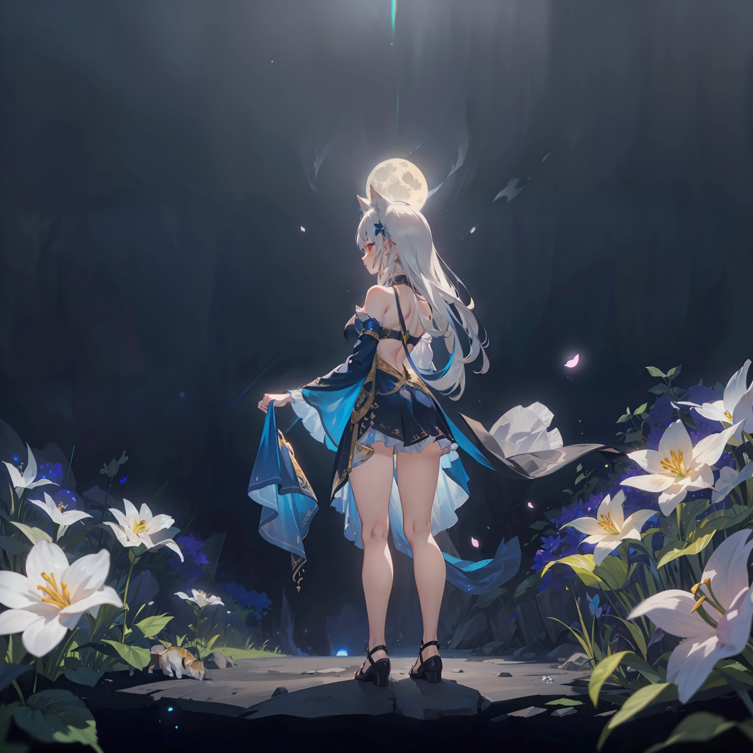 Extensive landscape photo , (above and below looking down), girl standing in flower field looking up, (full moon:1.2), ( shooting stars:0.9), (nebula:1.3), starry sky, white flower field, flower field shining, fantastic flower field, tree , (warm light source:1.2), (firefly:1. 2), lamp, orange and blue mostly fine details, voluminous lighting BREAK (Masterpiece:1.2), (top quality), 4k, super detailed, (dynamic composition:1.4), very fine details, colorful details, ( iridescent:1.2), (glowing lighting, atmospheric lighting), dreamy, fantastic, (solo:1.2), sparkling, glow, petals dancing, white hair, beautiful hair, long hair, cat ears, back view, water effects, soap bubbles, posed, hands are hidden in sleeves, Large lacy sleeves