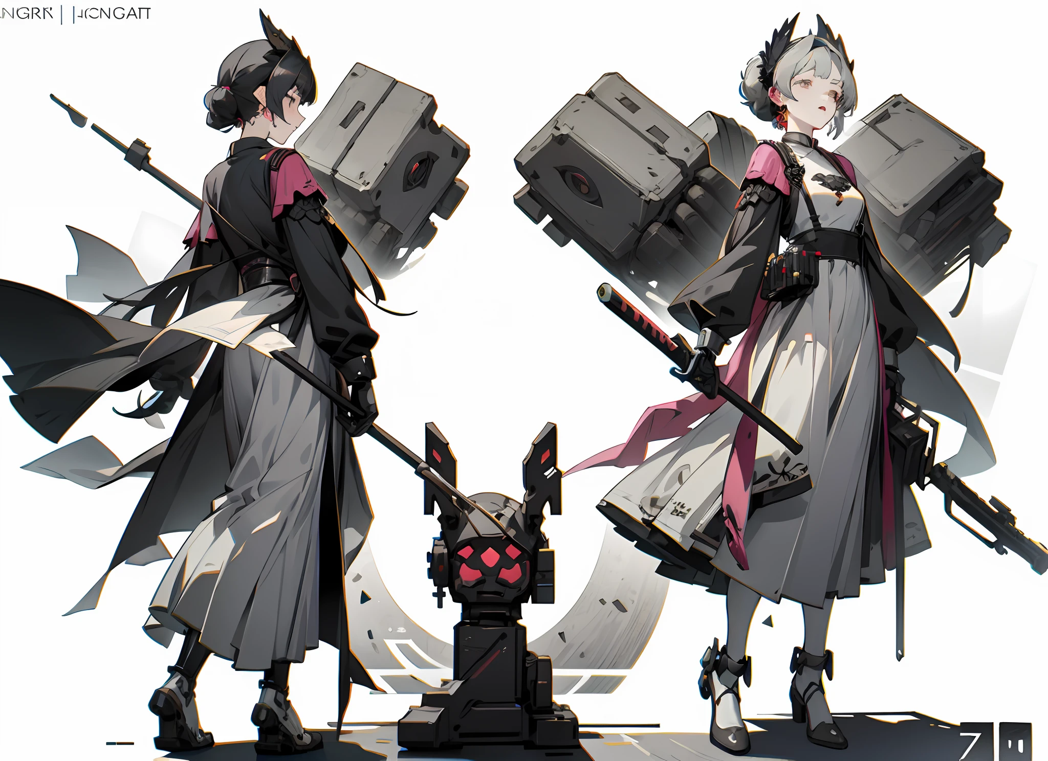A full-body close-up of a lily wearing a lily element white dress pleated long skirt battle costume holding a long mechanical staff in both hands, character design, mechanical legs, high-grade off-white as the main color, Punishing: Gray Raven, from Ark Night, Guvitz, from Punishing: Gray Raven, Girl Frontline style, Girl Frontline universe, inspired by Leng Mei, Kusart Krenz key art feminization, 7.5 head body, mechanical prosthetics, celluloid coloring style, white background,