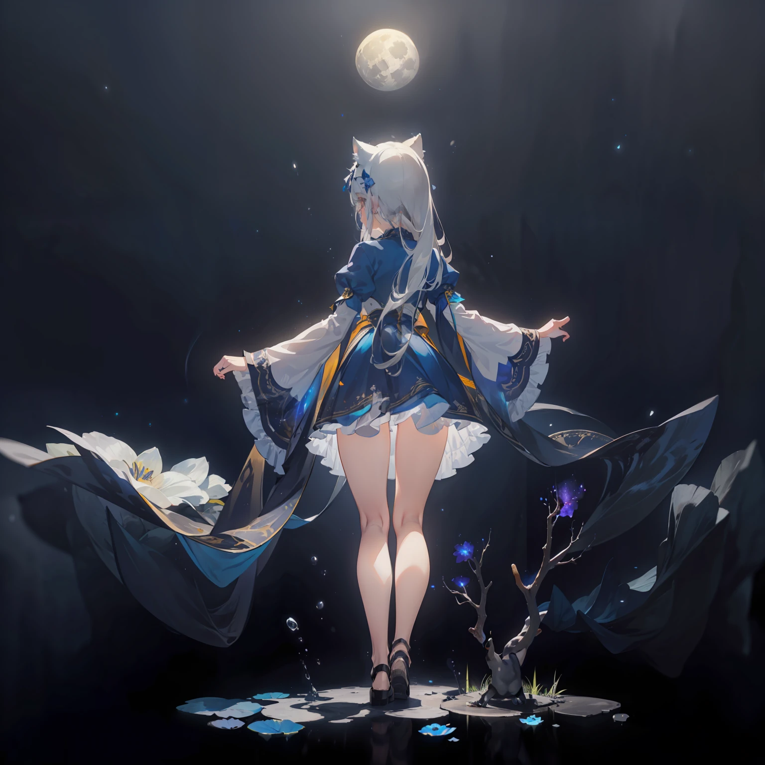 Extensive landscape photo , (above and below looking down), girl standing in flower field looking up, (full moon:1.2), ( shooting stars:0.9), (nebula:1.3), starry sky, white flower field, flower field shining, fantastic flower field, tree , (warm light source:1.2), (firefly:1. 2), lamp, orange and blue mostly fine details, voluminous lighting BREAK (Masterpiece:1.2), (top quality), 4k, super detailed, (dynamic composition:1.4), very fine details, colorful details, ( iridescent:1.2), (glowing lighting, atmospheric lighting), dreamy, fantastic, (solo:1.2), sparkling, glow, petals dancing, white hair, beautiful hair, long hair, cat ears, back view, water effects, soap bubbles, posed, hands are hidden in sleeves, Large lacy sleeves