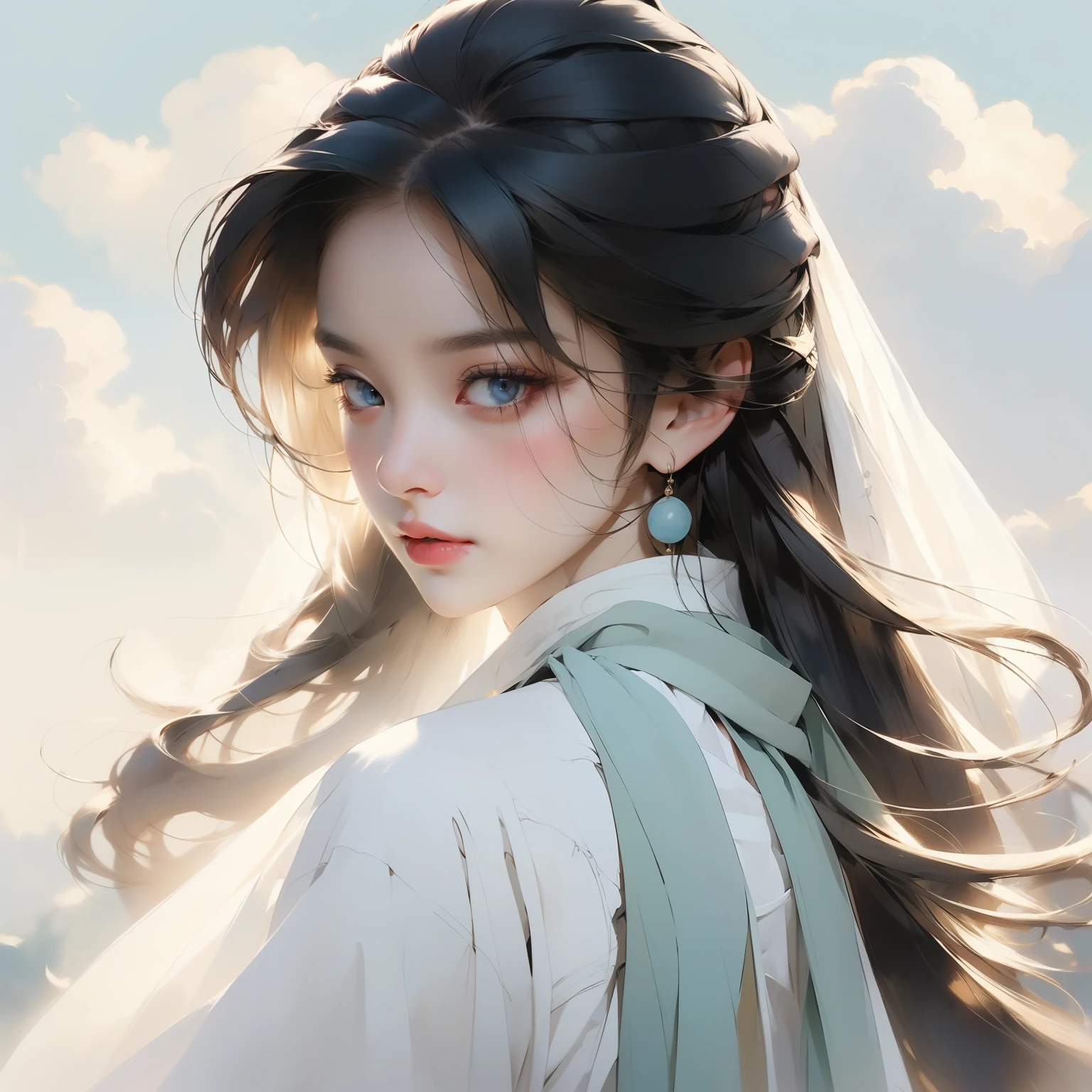 A beautiful bust of a woman draped in a scarf, open meadow, blue sky and white clouds, delicate face full of details, high detail, 8k, vivid and bright colors, behance hd, masterpiece, best quality,