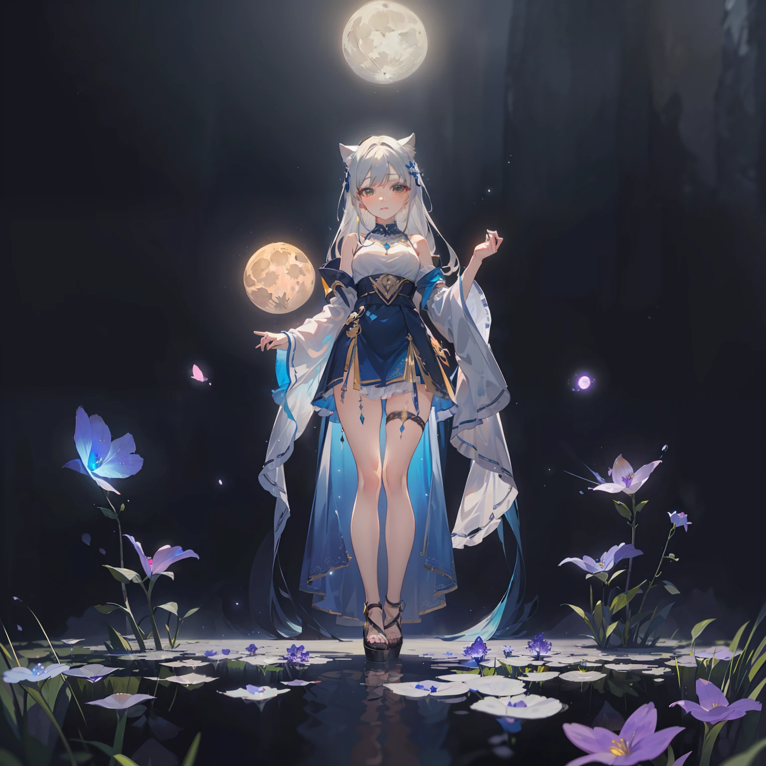 Extensive landscape photo , (above and below looking down), girl standing in flower field looking up, (full moon:1.2), ( shooting stars:0.9), (nebula:1.3), starry sky, white flower field, flower field shining, fantastic flower field, tree , (warm light source:1.2), (firefly:1. 2), lamp, orange and blue mostly fine details, voluminous lighting BREAK (Masterpiece:1.2), (top quality), 4k, super detailed, (dynamic composition:1.4), very fine details, colorful details, ( iridescent:1.2), (glowing lighting, atmospheric lighting), dreamy, fantastic, (solo:1.2), sparkling, glow, petals dancing, white hair, beautiful hair, long hair, cat ears, back view, water effects, soap bubbles, posed, hands are hidden in sleeves, Large lacy sleeves