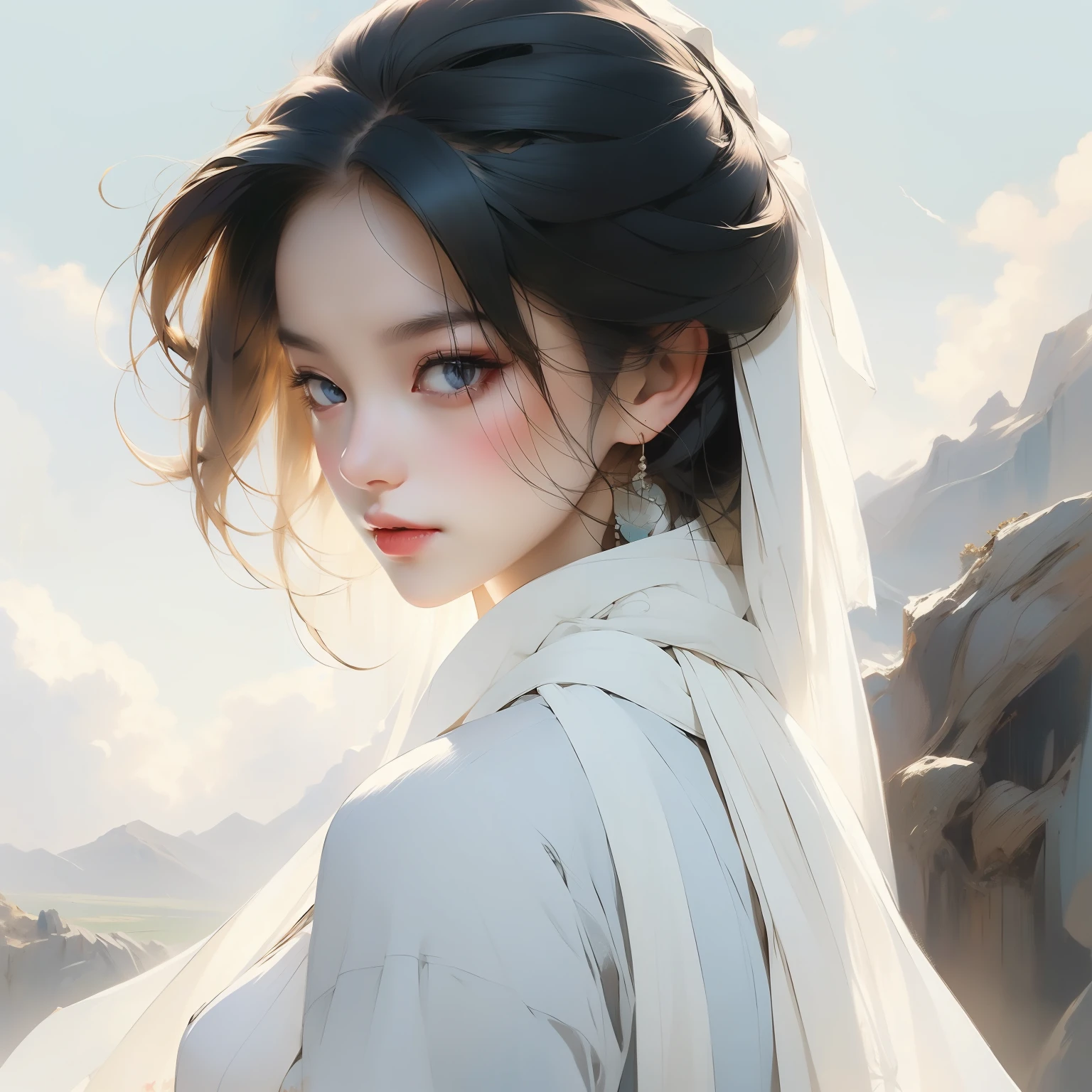A beautiful bust of a woman draped in a scarf, open meadow, blue sky and white clouds, delicate face full of details, high detail, 8k, vivid and bright colors, behance hd, masterpiece, best quality,