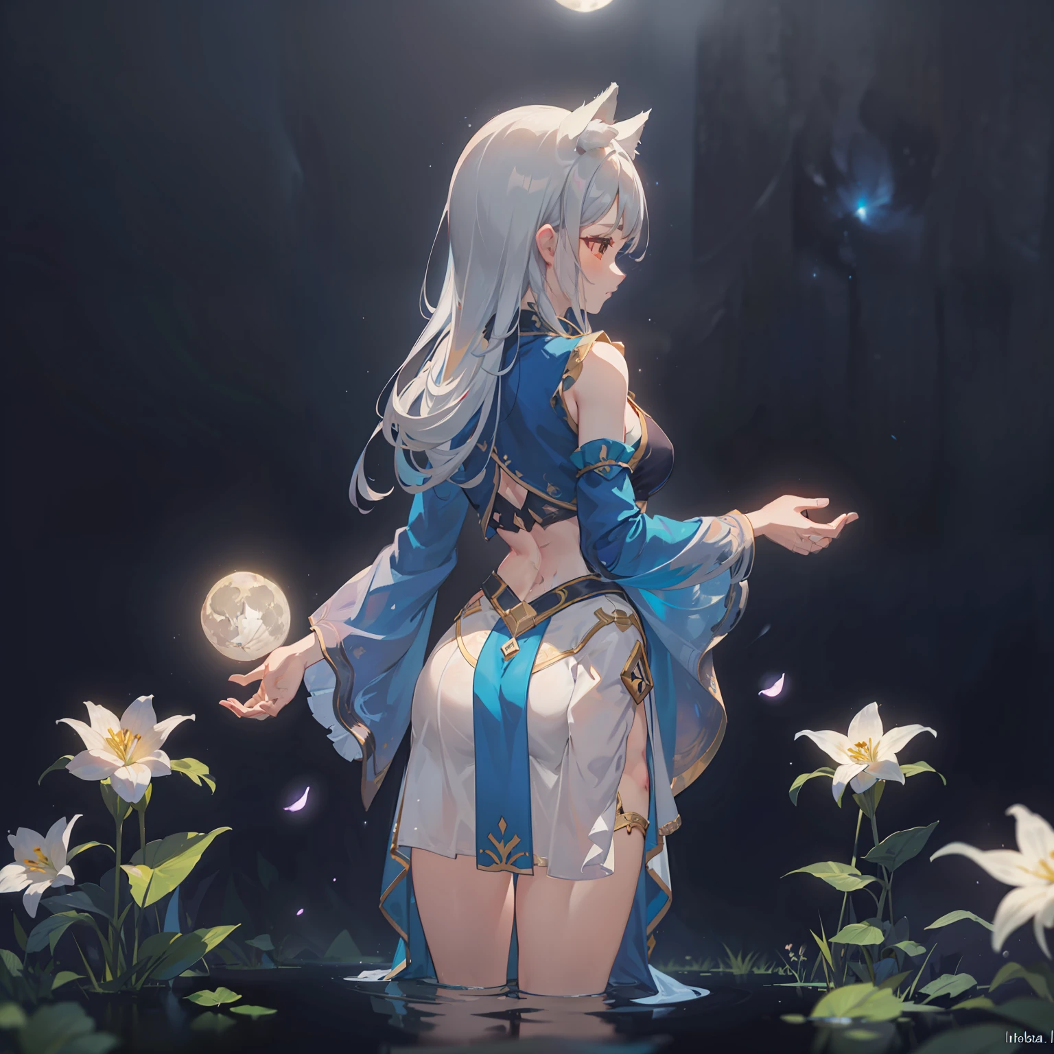 Extensive landscape photo , (above and below looking down), girl standing in flower field looking up, (full moon:1.2), ( shooting stars:0.9), (nebula:1.3), starry sky, white flower field, flower field shining, fantastic flower field, tree , (warm light source:1.2), (firefly:1. 2), lamp, orange and blue mostly fine details, voluminous lighting BREAK (Masterpiece:1.2), (top quality), 4k, super detailed, (dynamic composition:1.4), very fine details, colorful details, ( iridescent:1.2), (glowing lighting, atmospheric lighting), dreamy, fantastic, (solo:1.2), sparkling, glow, petals dancing, white hair, beautiful hair, long hair, cat ears, back view, water effects, soap bubbles, posed, hands are hidden in sleeves, Large lacy sleeves