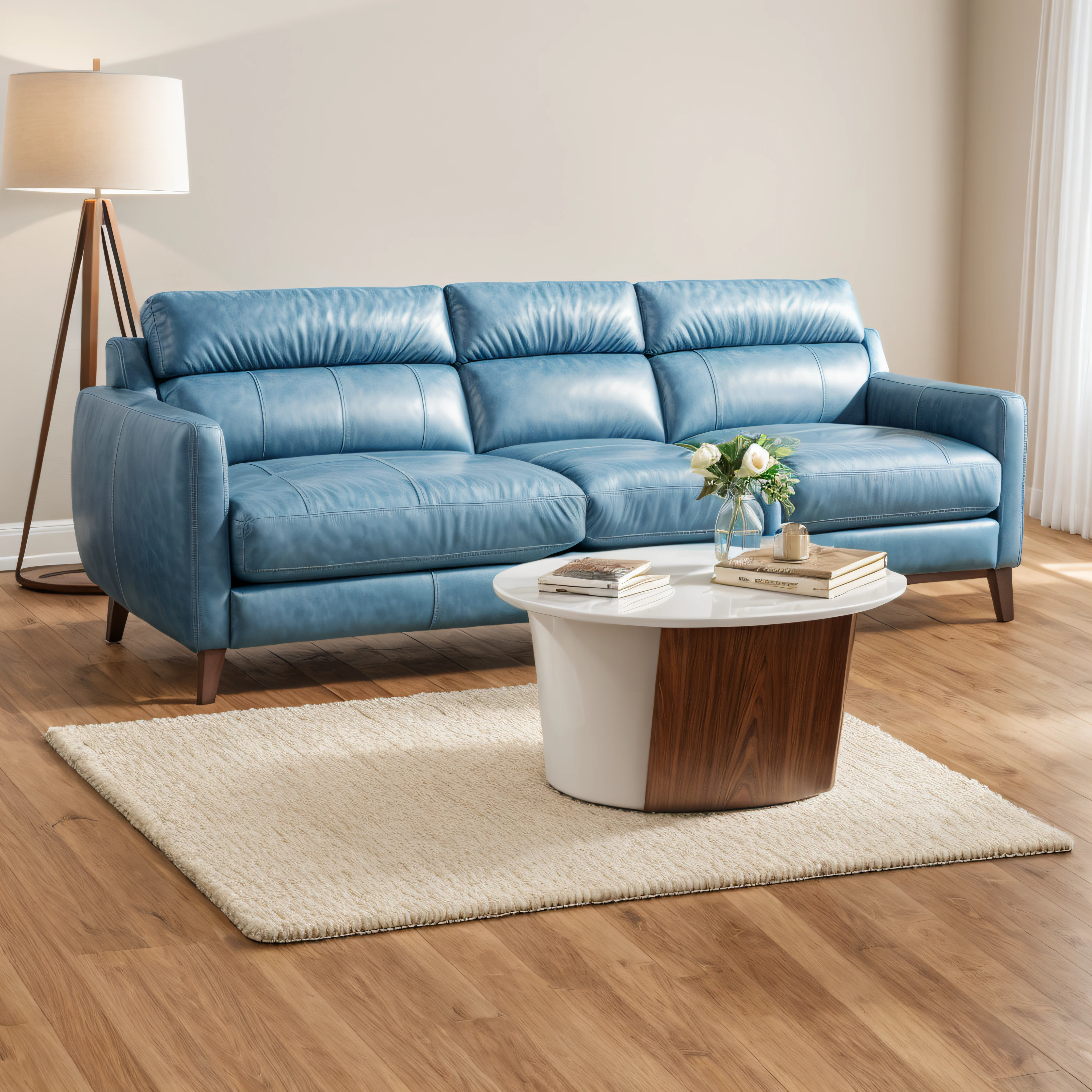 there is a blue couch and a table in a living room, placed in a large living room, product introduction photo, placed in a living room, in a living room, couches vibrating and melting, leather couch, high resolution product photo, leather sofa, sofa, couch, furniture photography, leather couches, relaxing on a modern couch, curved furniture