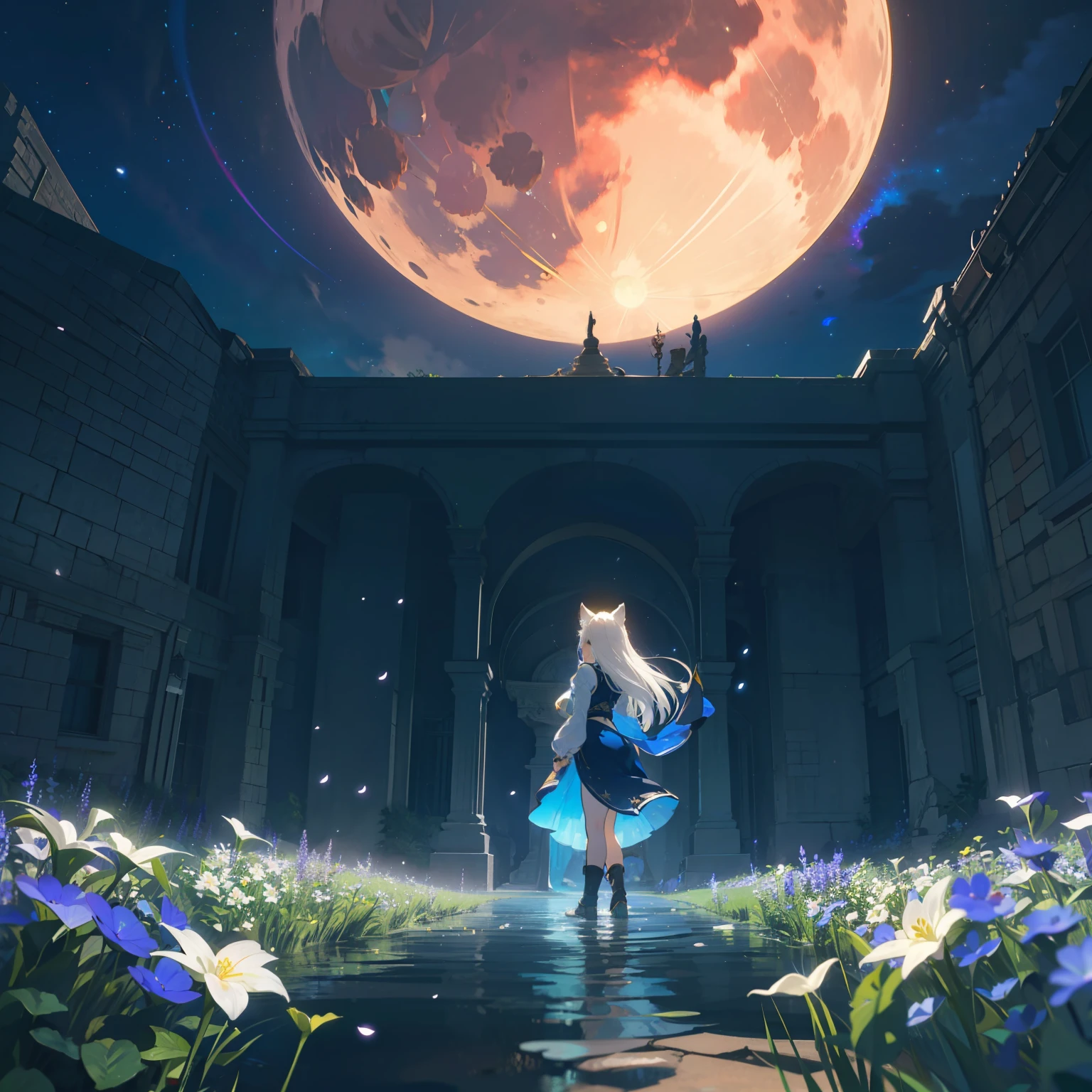 Spacious Landscape , (Looking Up and Down), Girl Standing in Flower Garden Looking Up, (Full Moon:1.2), ( Shooting Star:0.9), (Nebula:1.3), Starry Sky, White Flower Field, Shining Flower Field, Fantastic Flower Field, Trees , (Warm Light Source:1.2), (Firefly:1.2), Lamp, Orange and Blue mostly fine details, (Masterpiece:1.2), (Top Quality), 4k, Ultra Fine Detail, (Dynamic Composition:1.4), (Masterpiece: 1.2), (Top Quality), Lamp, Orange and Blue mostly fine details Voluminous Lighting BREAK (Masterpiece:1. 2), (Top Quality), 4k, Ultra-Detailed, (Dynamic Composition:1.4), Very Fine Detail, Colorful Detail, ( Iridescent:1.2), (Luminous Lighting, Ambient Lighting), Dreamlike, Fantastic, (Solo:1.2) Glitter, sparkle, petals dancing, dancing light, white hair, beautiful hair, long hair, cat ears, back view, water effect, soap bubbles, pose, large lace sleeve