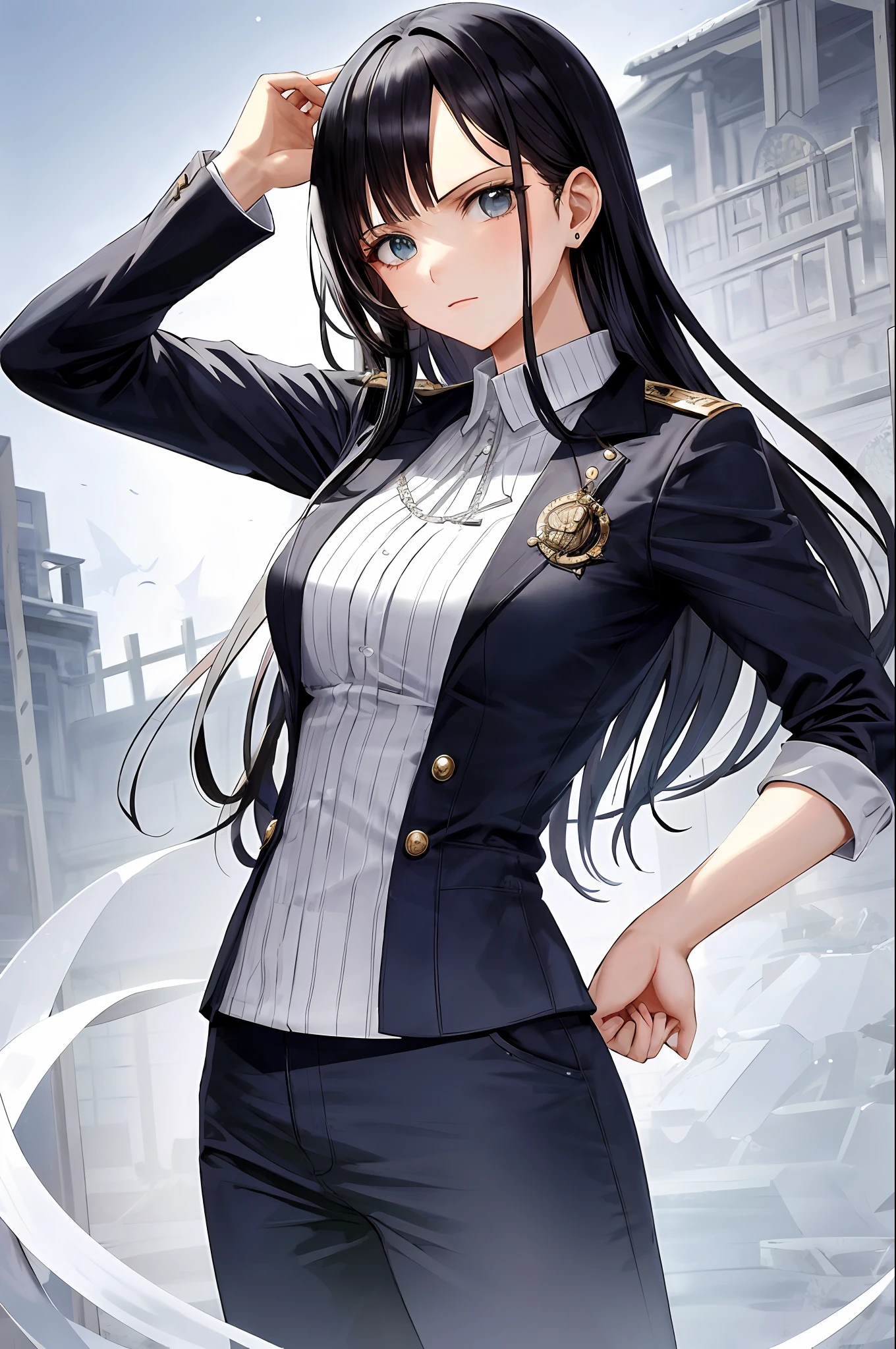 One piece style based on the East Blue setting. The artwork depicts a young woman in her 20s, a skilled marksman and captain of her own crew of pirates. Dressed in distinctive pirate costumes, the character exudes determination and strength in her posture and facial expression. His eyes convey an unwavering determination, while his firm jaw evidences his will to achieve his goals. In addition to her skill as a shooter, the character also possesses an air of knowledge, reflected in her keen eyes and intelligent expression. The artwork highlights the combination of determination, strength and knowledge, symbolizing the character's ability to overcome challenges and lead her crew wisely.