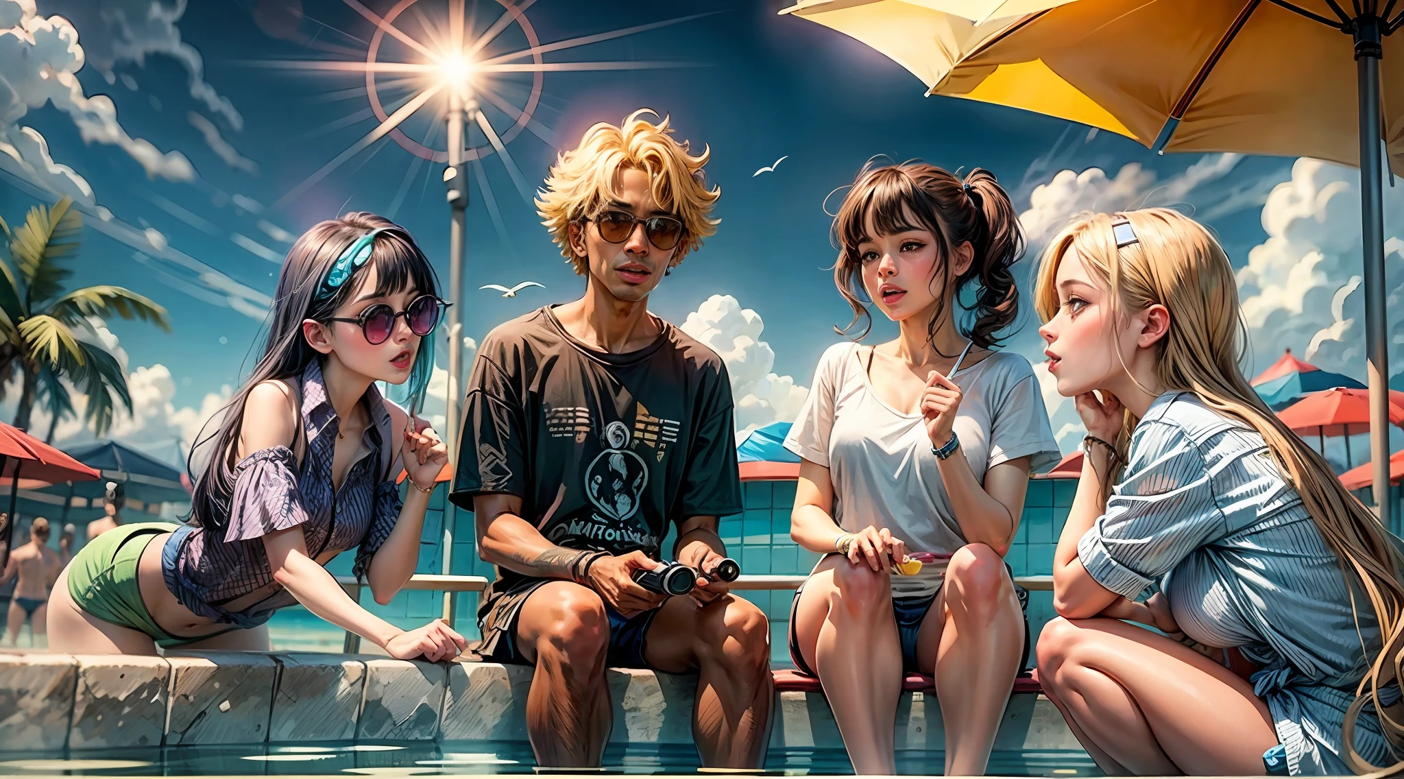 Best quality masterpiece featuring a vibrant pool party scene with people enjoying the sun under a beach umbrella, and dressed in stylish shirts,girls and a man
