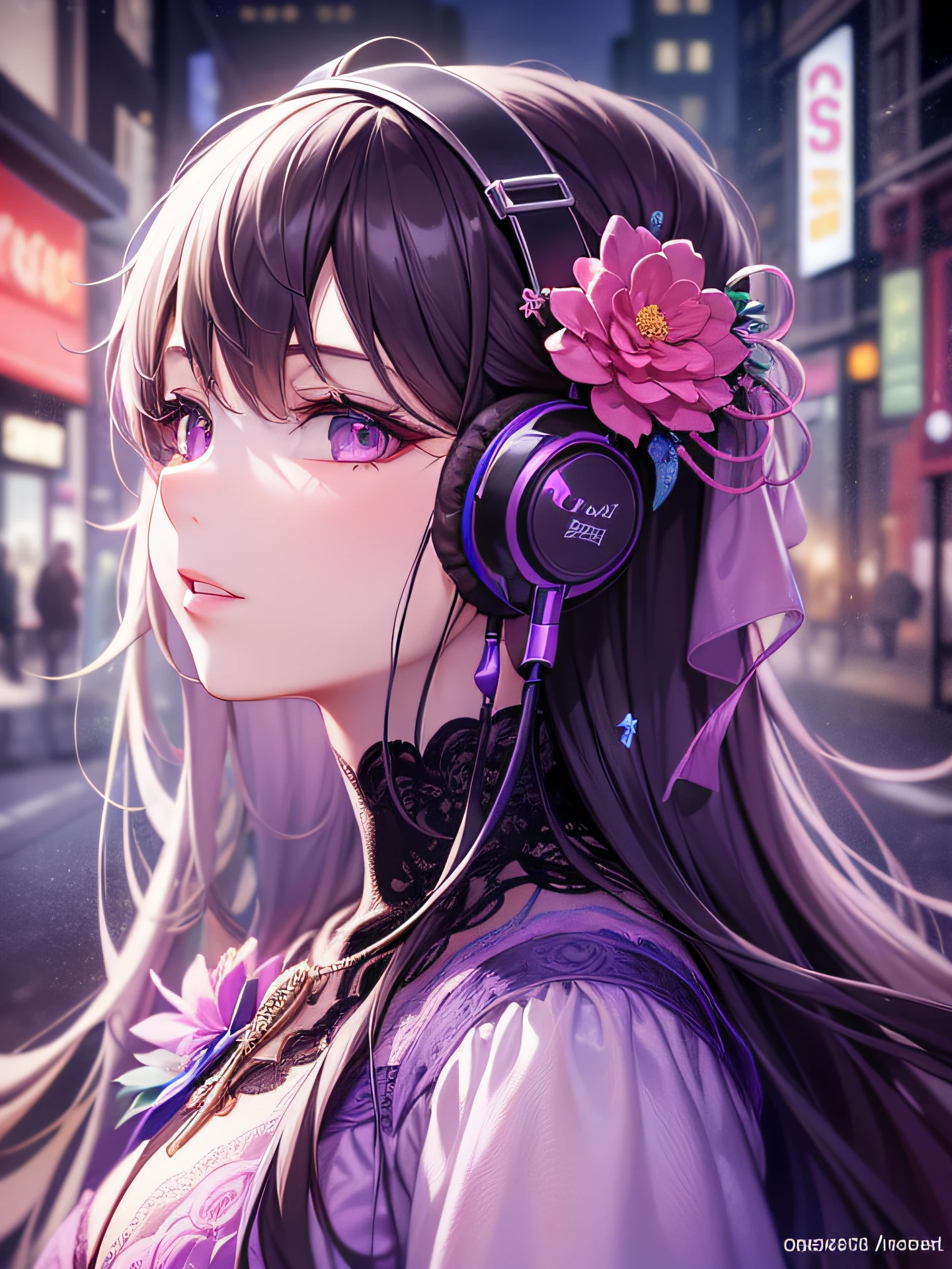 little girl in headphones, beauty portrait, charm color portrait, beauty retouching, futuristic city, her face is purple flower, 8k art portrait photo, flower girl, fashion photography, stylized beauty portrait,