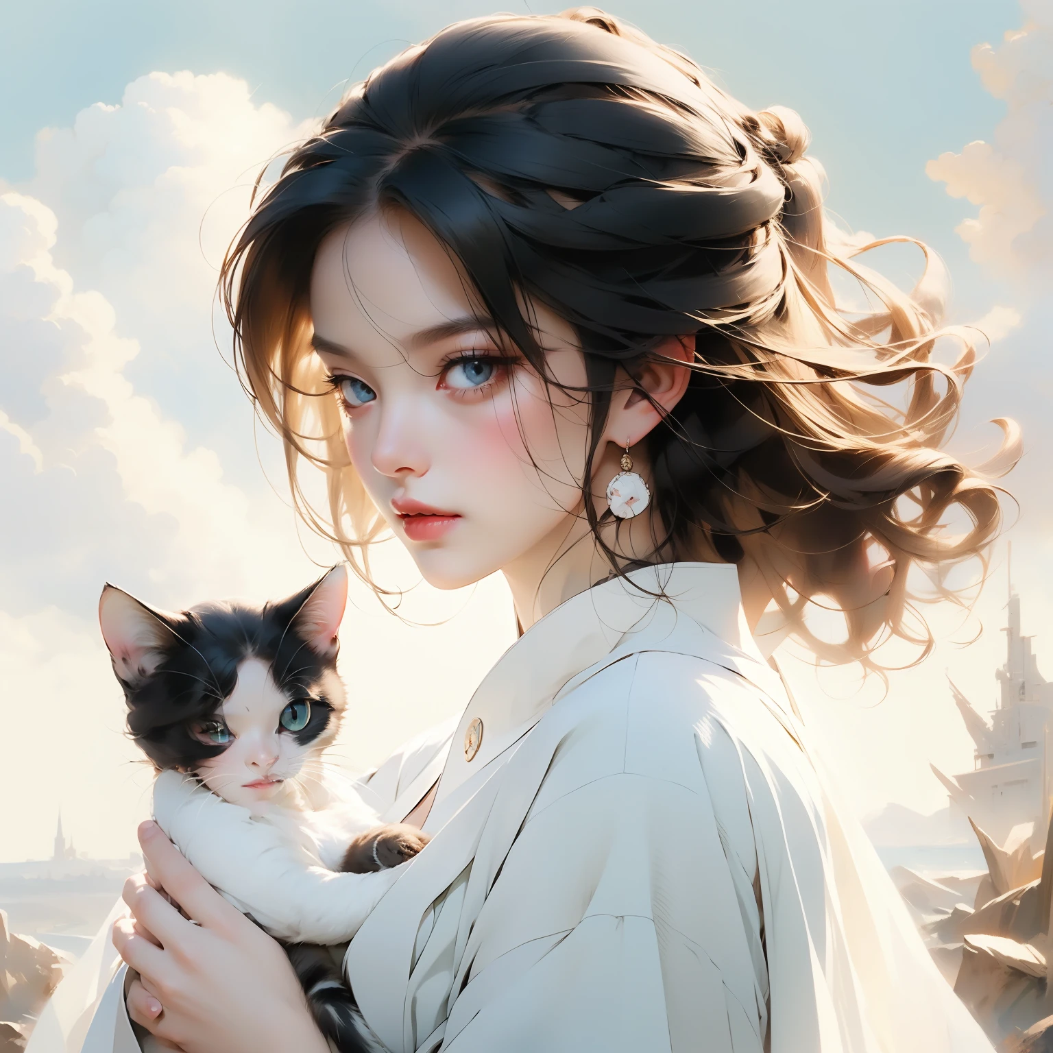 A beautiful bust of a woman on the front, short hair, holding a kitten, blue sky and white clouds, delicate face full of details, high detail, 8k, vivid and bright colors, behance hd, masterpiece, best quality,