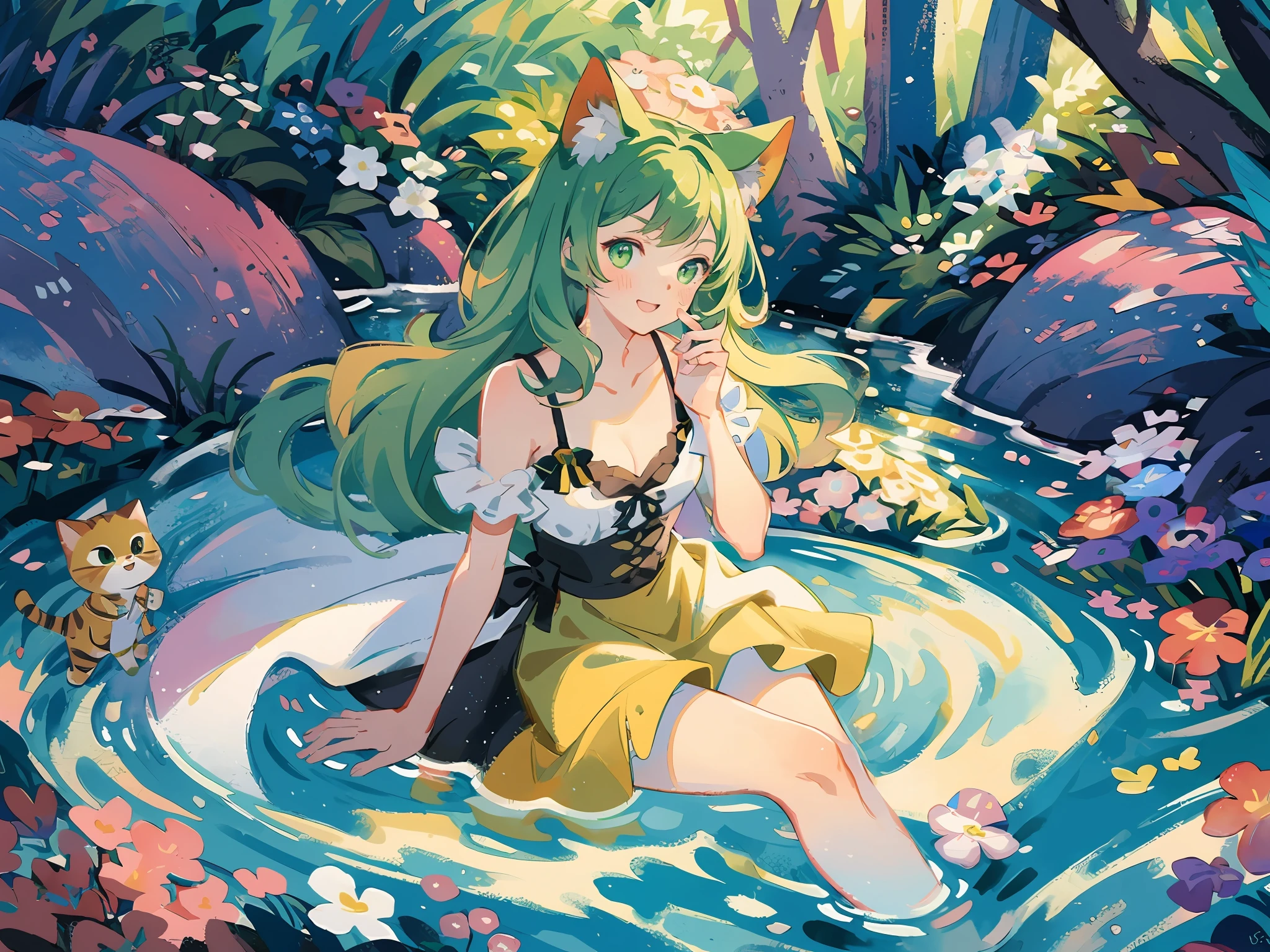 (highest quality), (masterpiece: 1.2), (colorful: 0.9), (ink splash)), (color splashing), (watercolor)))), clear focus, model shot, full body,
(Summer Portrait Goddess: 1.5), cute look, cat ears, elegant green hair, beautiful detailed face and eyes, elegant goddess clothes, ((summer forest background)),
Colored Water, Forest