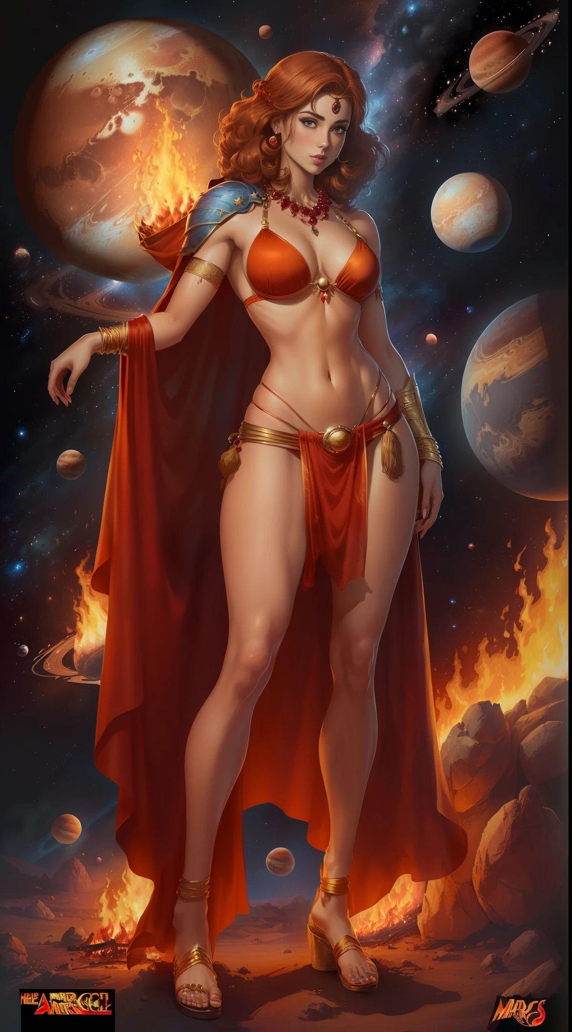 ((full body)), (((head to toe))), (((1 female, solo))), beautiful blushing slender Queen of Mars (((with shaggy ginger hair))), small bust, narrow waist, thin legs, (((against Mars as a planet background))), (((gorgeous fire brassiere, loincloth))), ruby necklace, ruby tiara, veil, (((American comic style with dark contours))), (((art by J. Scott Campbell)))