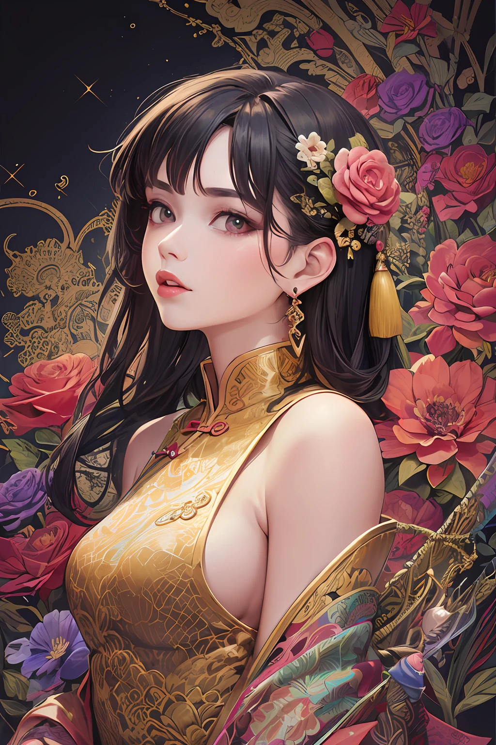 (masterpiece, top quality, best quality, official art, beautiful and aesthetic:1.2), (1girl:1.3), extremely detailed,(fractal art:1.1),(colorful:1.1)(flowers:1.3),highest detailed,(zentangle:1.2), (dynamic pose), (abstract background:1.3), (chinese Traditional cloth:1.2), (shiny skin), (many colors:1.4), ,(earrings:1.4),