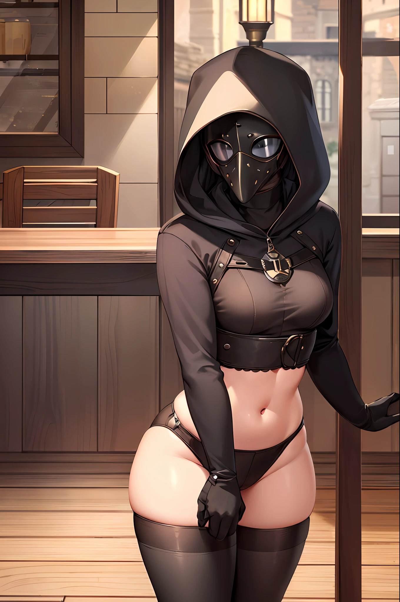 plague doctor, 1girl, solo, hood, mask, gloves, faceless, plague doctor mask, tabard, medieval, breasts, arms at sides, wide hips, exposed thigh, embarrassed, heavy blush, blushing, thick thighs, small breasts, medieval tavern, wood mug, indoors, floorboards, wood railing, window, light rays, bloom, wood table, areola, covered nipple, midriff