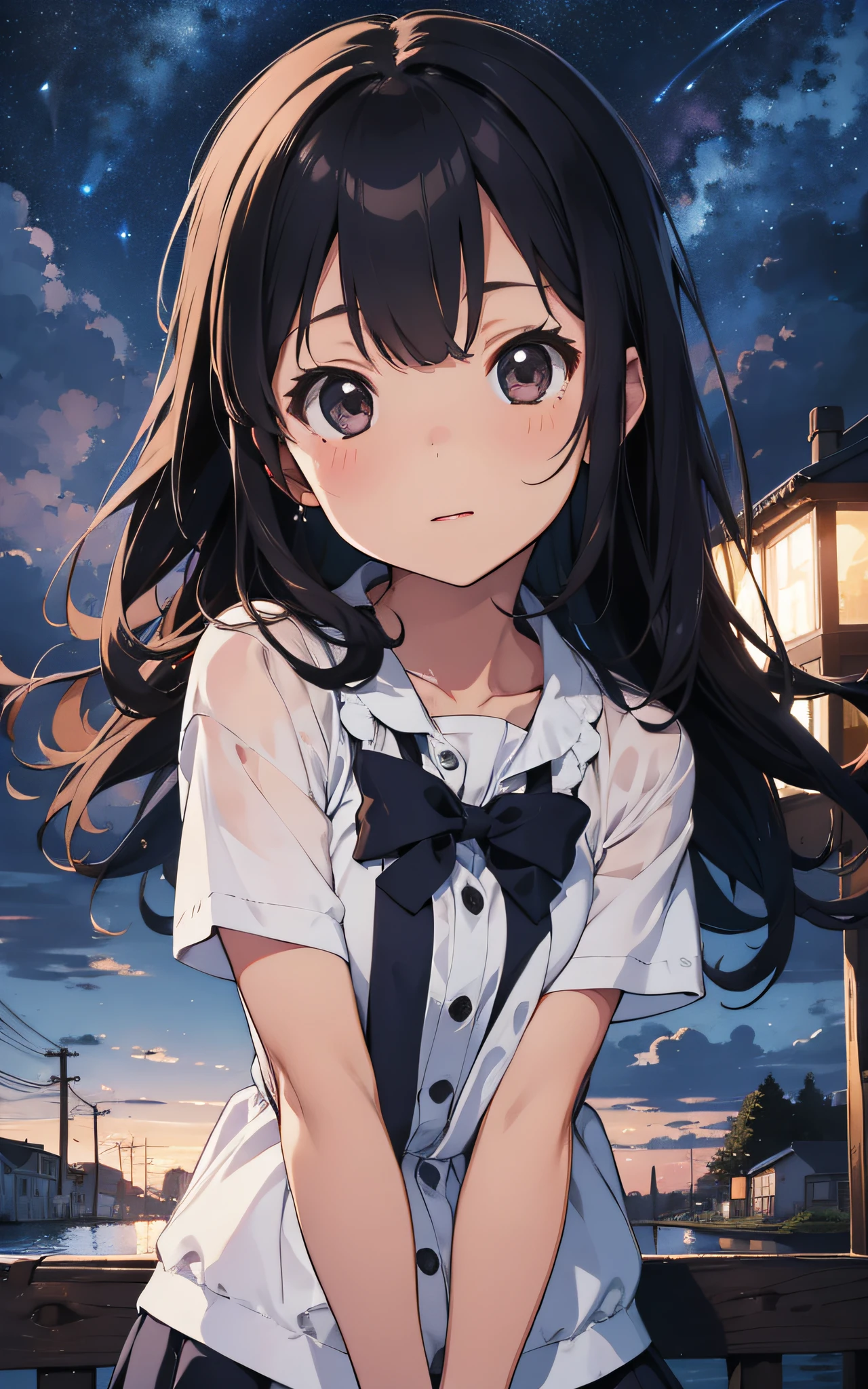 Cute girl, looking up at the sky, night. Slightly subtracted composition.
