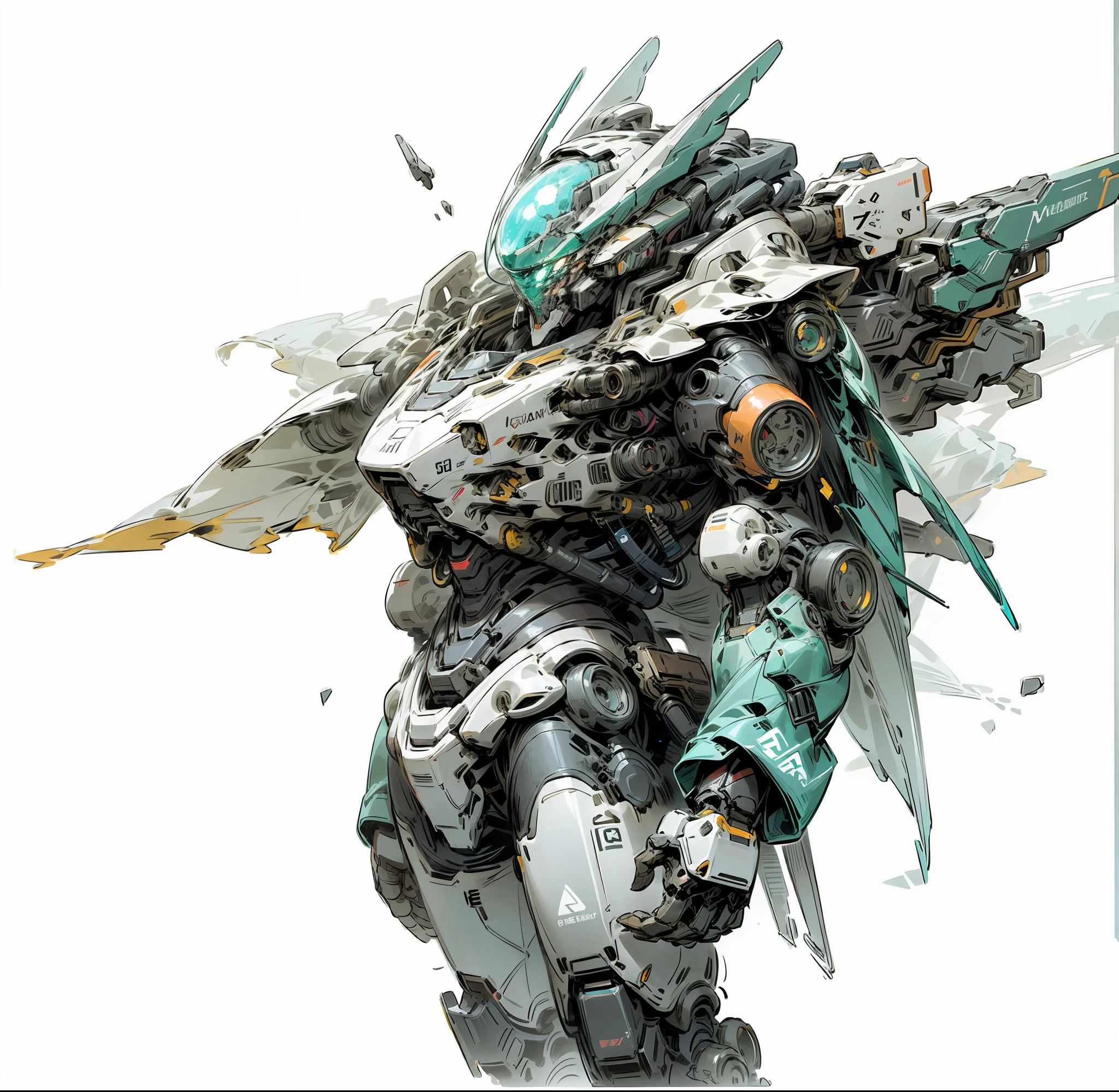 In space, giant planet, nebula, holding weapons, no humans, glowing (mecha: 1.2), robots, giant mechanical wings, mecha wings, (flying in space: 1.3), comet fragments, glowing eyes, green mech, science fiction, space, reality, mecha, galactic background, neon lights, cyberpunk, hd wallpapers, cg art