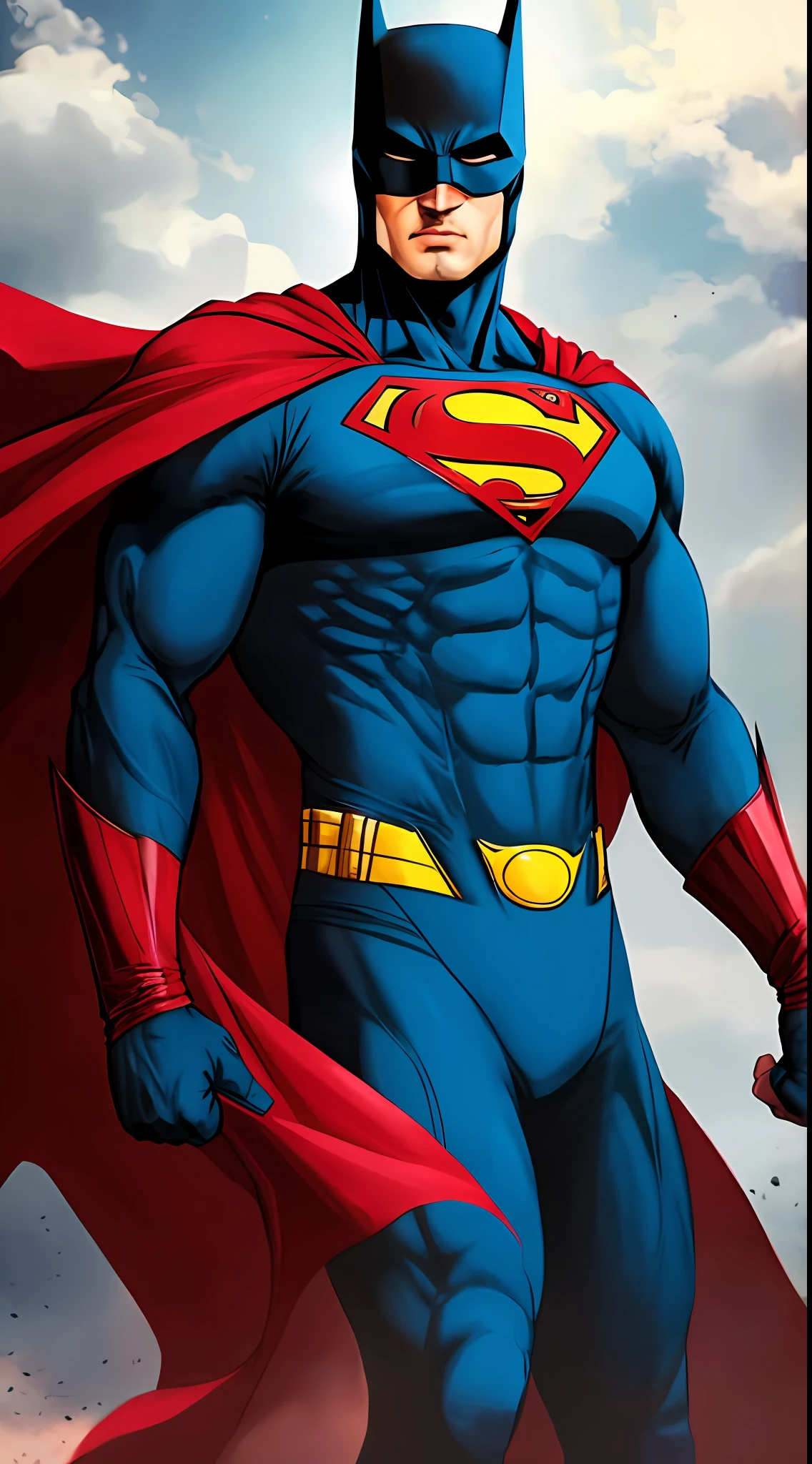 a close up of a superman standing in front of a cloudy sky, superman pose, superman, superman costume, superhero body, dc comics art style, superman emerging from the sun, inspired by Jim Lee, style of dc comics, superman is high, dc comics style, comic book character, inspired by Neal Adams, dwayne johnson as superman, textless, neal adams | centered