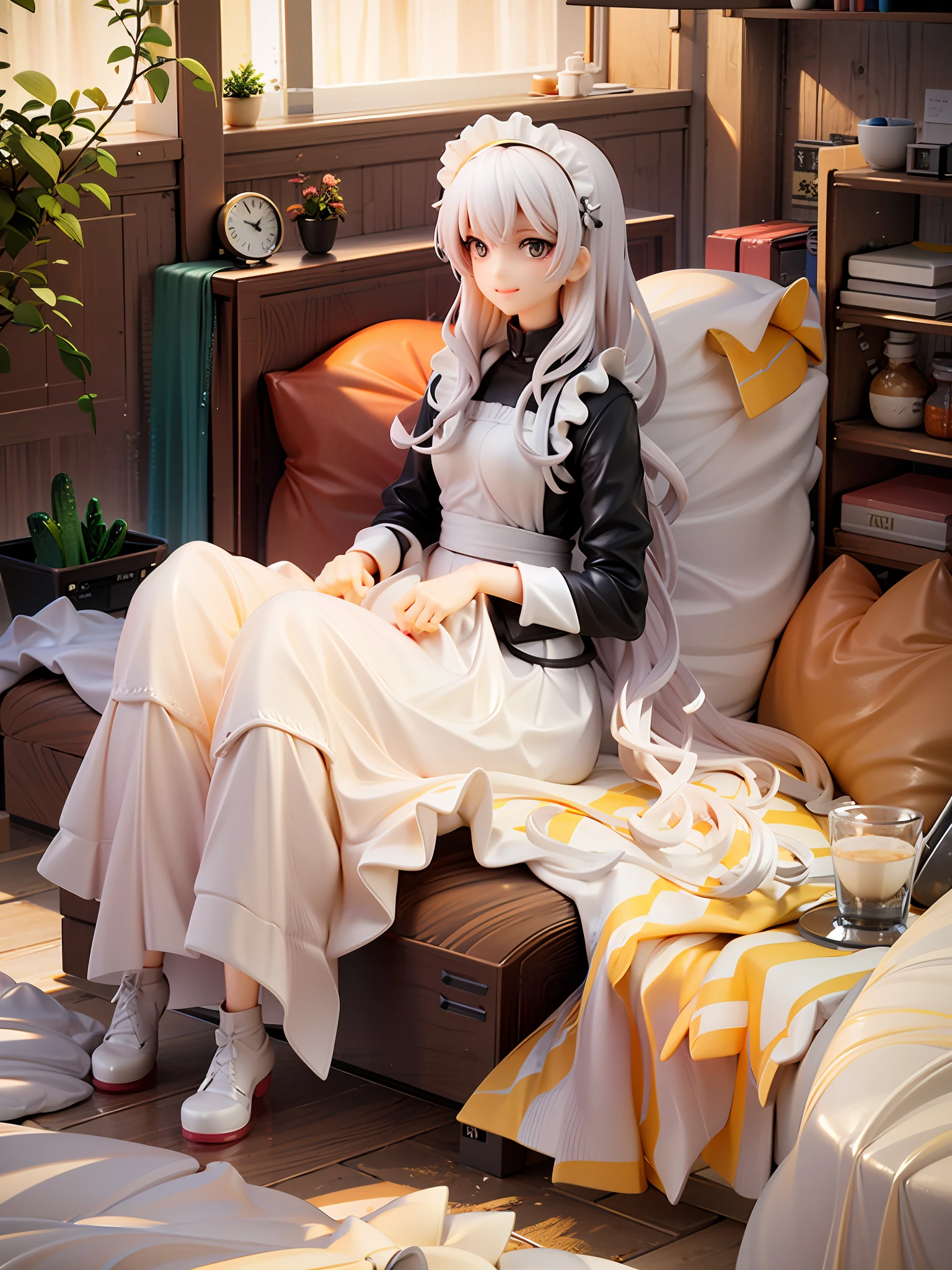 1 girl, white, white hair, wavy long hair, maid headband, brown eye, smile, happiness, white skin, maid clothes, western style calm bedroom, sitting,