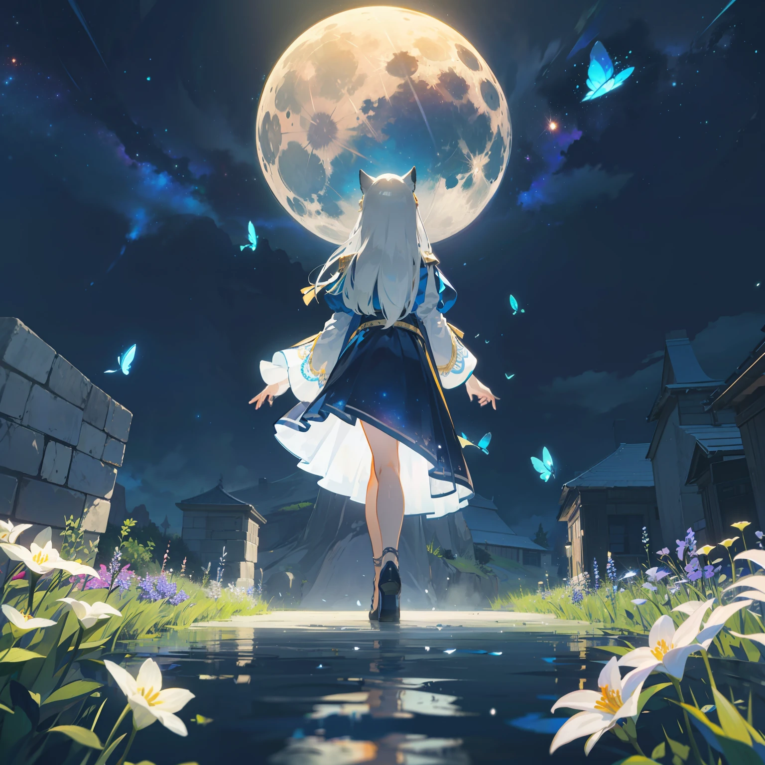 Spacious Landscape , (Looking Up and Down), Girl Standing in Flower Garden Looking Up, (Full Moon:1.2), ( Shooting Star:0.9), (Nebula:1.3), Starry Sky, White Flower Field, Shining Flower Field, Fantastic Flower Field, Trees , (Warm Light Source:1.2), (Firefly:1.2), Lamp, Orange and Blue mostly fine details, (Masterpiece:1.2), (Top Quality), 4k, Ultra Fine Detail, (Dynamic Composition:1.4), (Masterpiece: 1.2), (Top Quality), Lamp, Orange and Blue mostly fine details Voluminous Lighting BREAK (Masterpiece:1. 2), (Top Quality), 4k, Ultra-Detailed, (Dynamic Composition:1.4), Very Fine Detail, Colorful Detail, ( Iridescent:1.2), (Luminous Lighting, Ambient Lighting), Dreamlike, Fantastic, (Solo:1.2) Glitter, sparkle, petals dancing, dancing light, white hair, beautiful hair, long hair, cat ears, back view, water effect, soap bubbles, pose, large lace sleeve