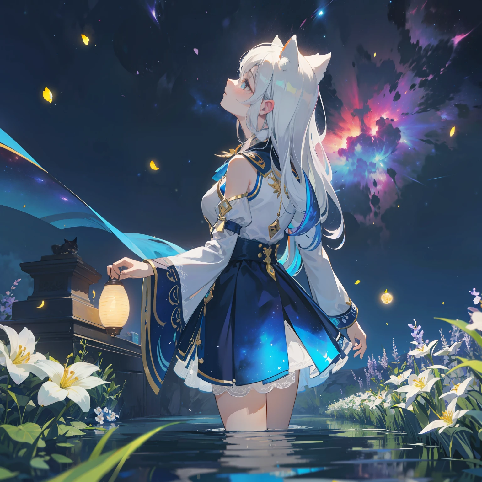 Spacious Landscape , (Looking Up and Down), Girl Standing in Flower Garden Looking Up, (Full Moon:1.2), ( Shooting Star:0.9), (Nebula:1.3), Starry Sky, White Flower Field, Shining Flower Field, Fantastic Flower Field, Trees , (Warm Light Source:1.2), (Firefly:1.2), Lamp, Orange and Blue mostly fine details, (Masterpiece:1.2), (Top Quality), 4k, Ultra Fine Detail, (Dynamic Composition:1.4), (Masterpiece: 1.2), (Top Quality), Lamp, Orange and Blue mostly fine details Voluminous Lighting BREAK (Masterpiece:1. 2), (Top Quality), 4k, Ultra-Detailed, (Dynamic Composition:1.4), Very Fine Detail, Colorful Detail, ( Iridescent:1.2), (Luminous Lighting, Ambient Lighting), Dreamlike, Fantastic, (Solo:1.2) Glitter, sparkle, petals dancing, dancing light, white hair, beautiful hair, long hair, cat ears, back view, water effect, soap bubbles, pose, large lace sleeve
