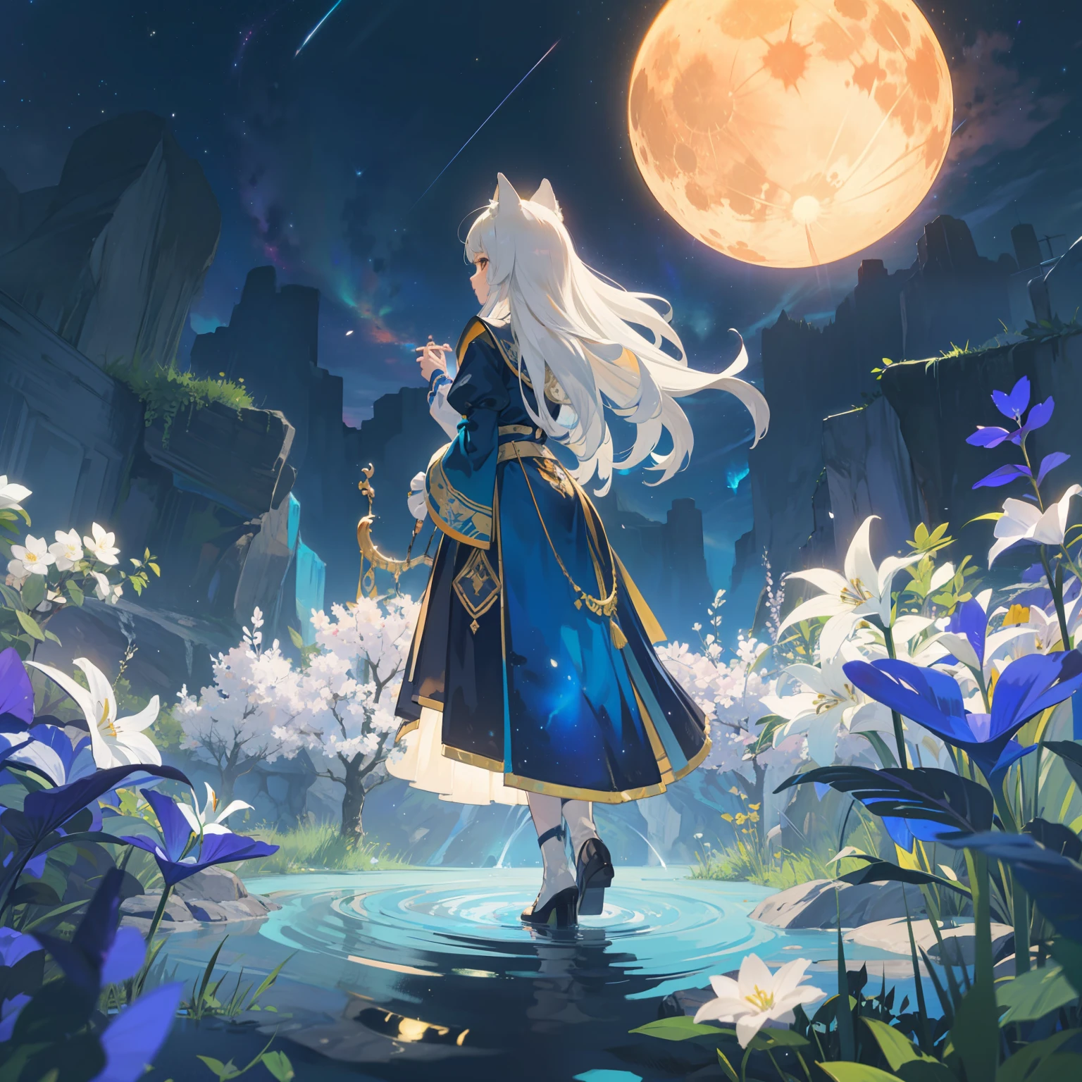 Spacious Landscape , (Looking Up and Down), Girl Standing in Flower Garden Looking Up, (Full Moon:1.2), ( Shooting Star:0.9), (Nebula:1.3), Starry Sky, White Flower Field, Shining Flower Field, Fantastic Flower Field, Trees , (Warm Light Source:1.2), (Firefly:1.2), Lamp, Orange and Blue mostly fine details, (Masterpiece:1.2), (Top Quality), 4k, Ultra Fine Detail, (Dynamic Composition:1.4), (Masterpiece: 1.2), (Top Quality), Lamp, Orange and Blue mostly fine details Voluminous Lighting BREAK (Masterpiece:1. 2), (Top Quality), 4k, Ultra-Detailed, (Dynamic Composition:1.4), Very Fine Detail, Colorful Detail, ( Iridescent:1.2), (Luminous Lighting, Ambient Lighting), Dreamlike, Fantastic, (Solo:1.2) Glitter, sparkle, petals dancing, dancing light, white hair, beautiful hair, long hair, cat ears, back view, water effect, soap bubbles, pose, large lace sleeve