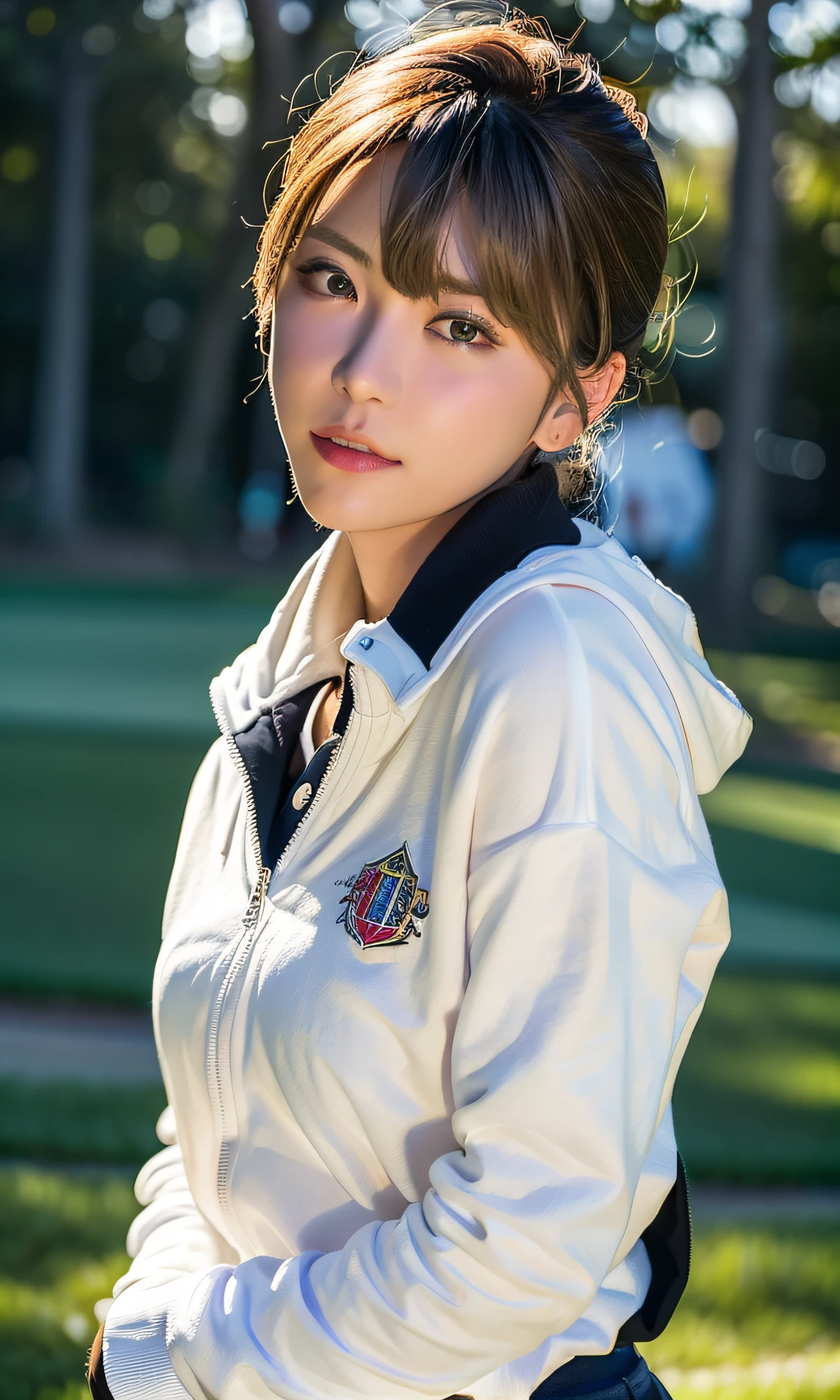 (8k, RAW photos, top quality, masterpieces: 1.2), (realistic, photorealistic: 1.37), highest quality, ultra high resolution, NFS backlight, light leakage, dynamic lighting, (pureerosface_v1:1), sunny golf course, japan idol, (beautiful detailed eyes: 1), (beautiful detail faces: 1), (free buff: 1.2), golf wear, ulzzang-6500, 1 girl, standing, upper body,,, from the front, front view, looking at the viewer,