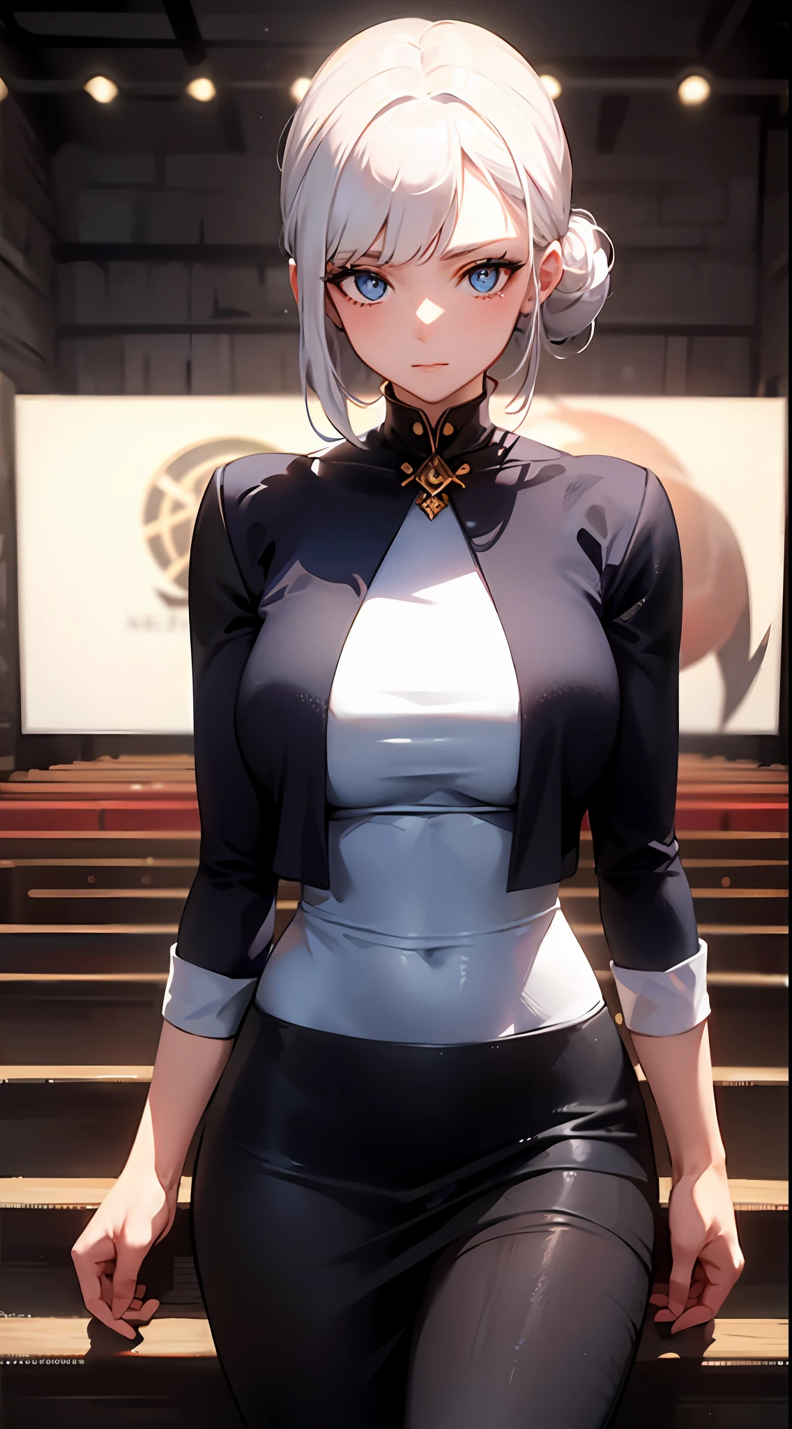 ((masterpiece)), (best quality), (detailed), (1girl), white hair, blue eyes, updo, white shirt, black dress, looking down on the audience