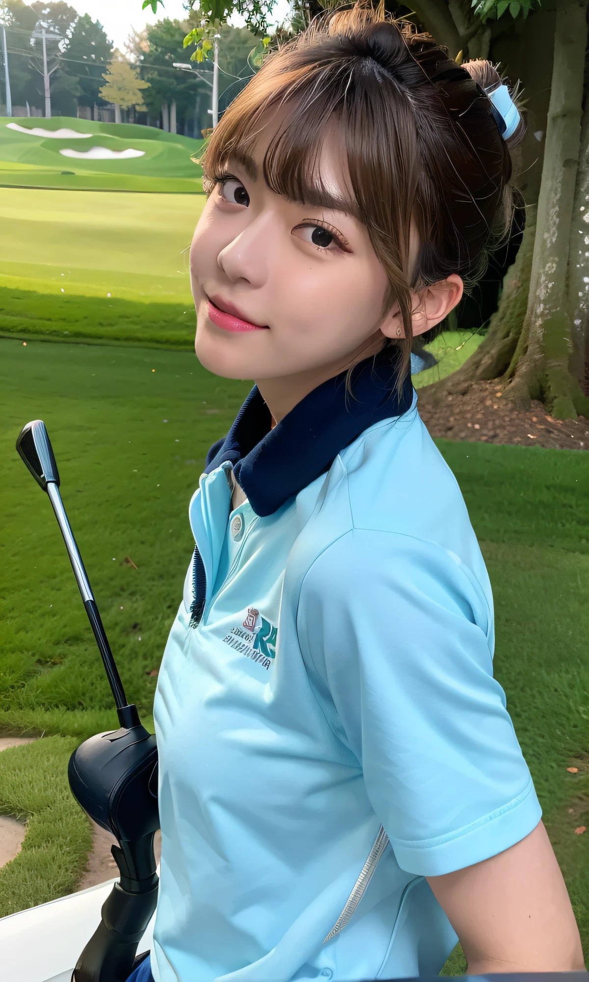 (8k, RAW photos, top quality, masterpieces: 1.2), (realistic, photorealistic: 1.37), highest quality, ultra high resolution, NFS backlight, light leakage, dynamic lighting, (pureerosface_v1:1), sunny golf course, japan idol, (beautiful detailed eyes: 1), (beautiful detail faces: 1), (free buff: 1.2), golf wear, ulzzang-6500, 1 girl, standing, upper body,,, from the front, front view, looking at the viewer,