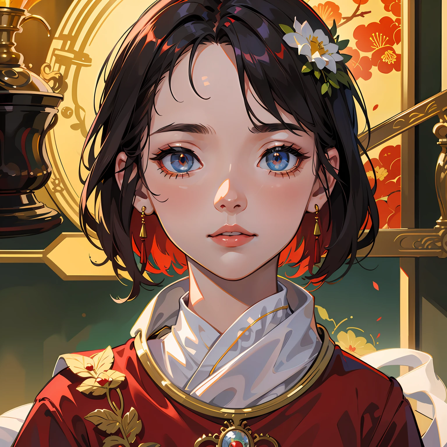 Anime male protagonist, streaked hair, brown hair, ahoge, parted bangs, short hair, bowl cut, heart-shaped eyewear, bead necklace, behind-the-head headphones, whistle around neck, heart-shaped pupils, mole under eye, wince, grin, blush, tongue out, ear blush, Surrealism, Genre painting, by Alfons Mucha, panorama, rococo style --auto