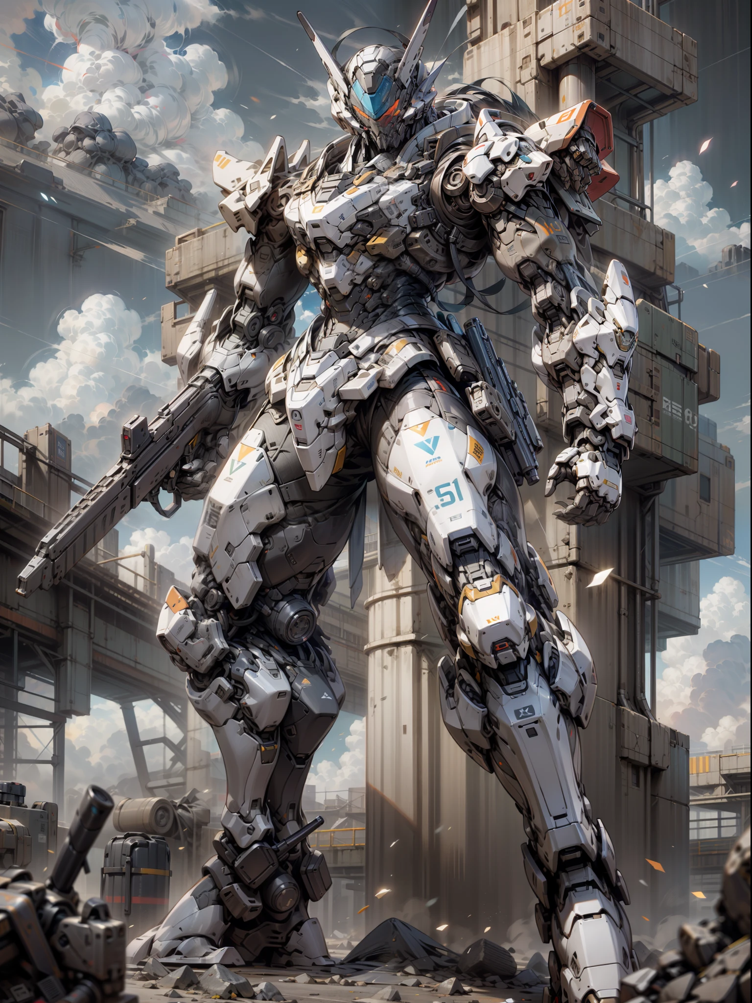 ((Best Quality)), ((Master Works)), (Very detailed: 1.3), 8K, cool painting, full of sci-fi, gunsmith, red tank armor division holding a huge shield, heavy armor up to MK2, red mech, mask covering face, holding a shield in the air, super large mechanical shield, heavy weapons, heavy machine guns, sniper rifles, cannons, Gatling machine guns scattered on the ground, carrying weapons and firearms, pistols on the waist, sniper rifles behind the back, super cool tank armor, weapon gods, Gundam Humanoid Mech, Anime Mech Aesthetics, Perfect Body Proportions, Heads-Up View, Standing Pose, Military Giant Mech, Missiles, Rocks, Future Technology, Realism, Clouds in the Sky, Dark War Background, Edge Light, Ray Tracing, Light Particle, NVIDIA Trtx, Super Resolution, Unreal 5, Subsurface Scattering, Specular and Albedo Map, Rule of Thirds, Large Aperture, Battle Stance, 8K Raw Data, High Efficiency Sub-pixels, Subpixel Convolution, Light Particles, Light Scattering, Tyndall Effect, Ray Tracing.