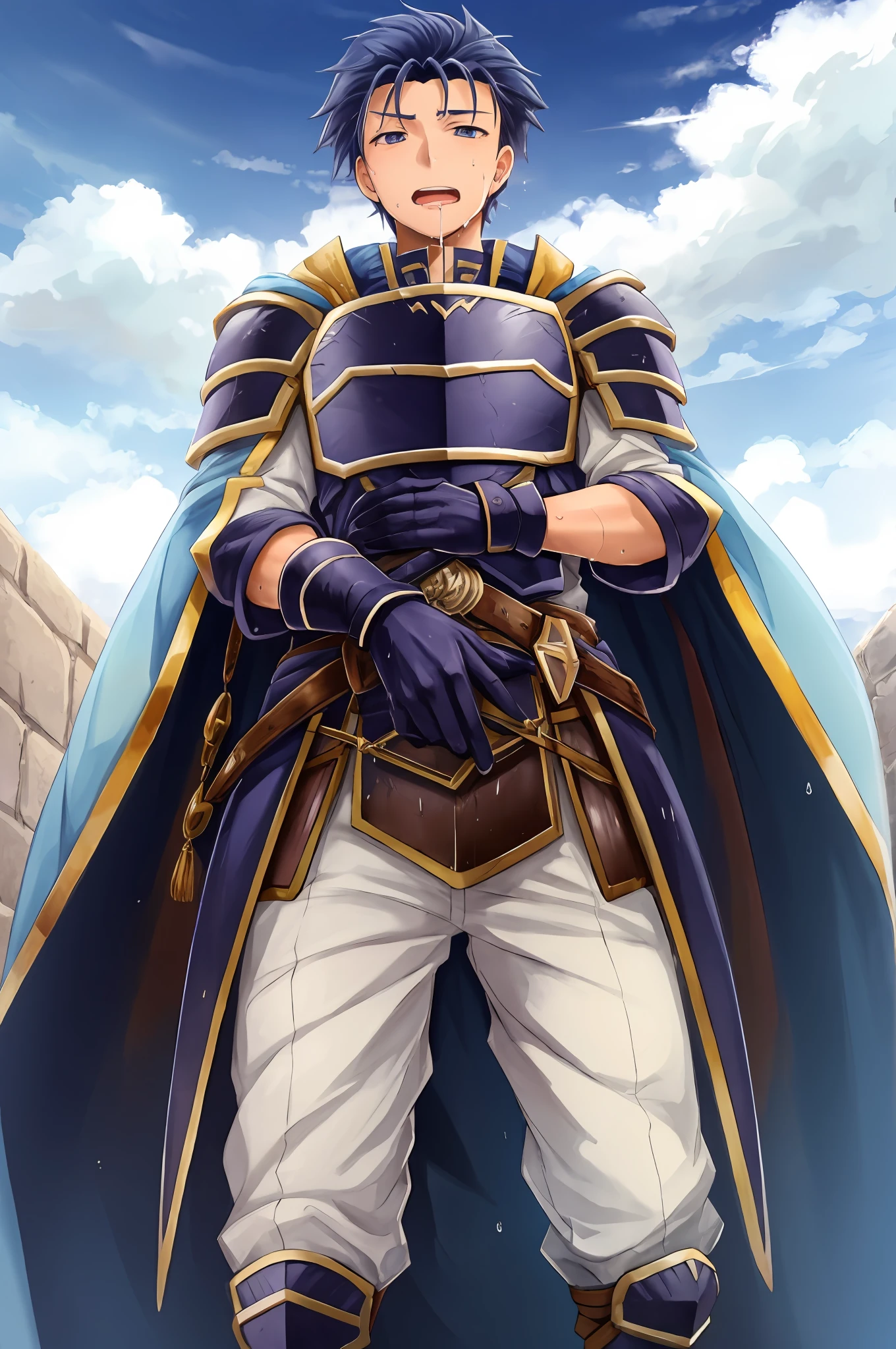 Hector Fey, Ultra High Quality CG, Solo, View from Underneath, Open Mouth, Sweaty, Wet, Wet, Drooling, Gloves, 1boy, Crotch Close-Up, Staddling, Male Focus, Sky, Clouds, Cloak, Armor