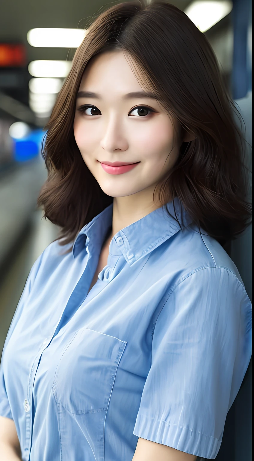 Expressive hair, light makeup, medium ?????? size, slight smile, shirt with rolled sleeves, skytrain, clear facial features, eye-level shooting, UHD, masterpiece, super detail, top quality, high resolution, 16k, Japan people