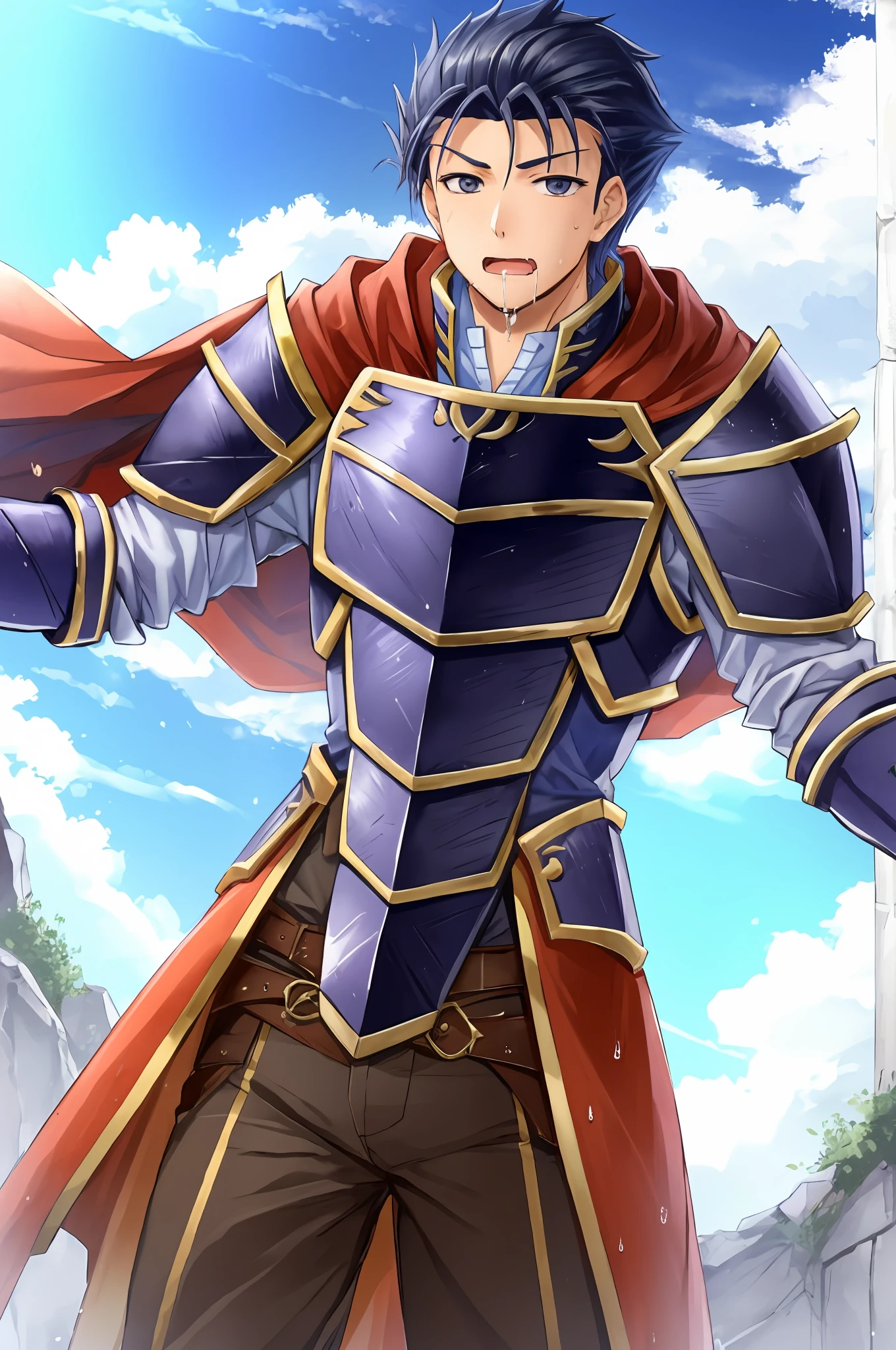 Hector Fey, Ultra High Quality CG, Solo, View from Underneath, Open Mouth, Sweaty, Wet, Wet, Drooling, Gloves, 1boy, Crotch Close-Up, Staddling, Male Focus, Sky, Clouds, Cloak, Armor
