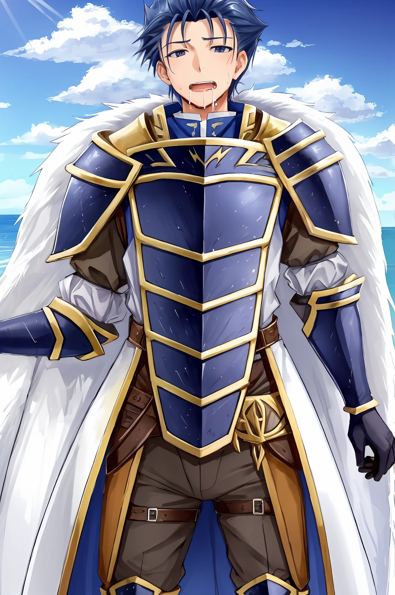 Hector Fey, Ultra High Quality CG, Solo, View from Underneath, Open Mouth, Sweaty, Wet, Wet, Drooling, Gloves, 1boy, Crotch Close-Up, Staddling, Male Focus, Sky, Clouds, Cloak, Armor