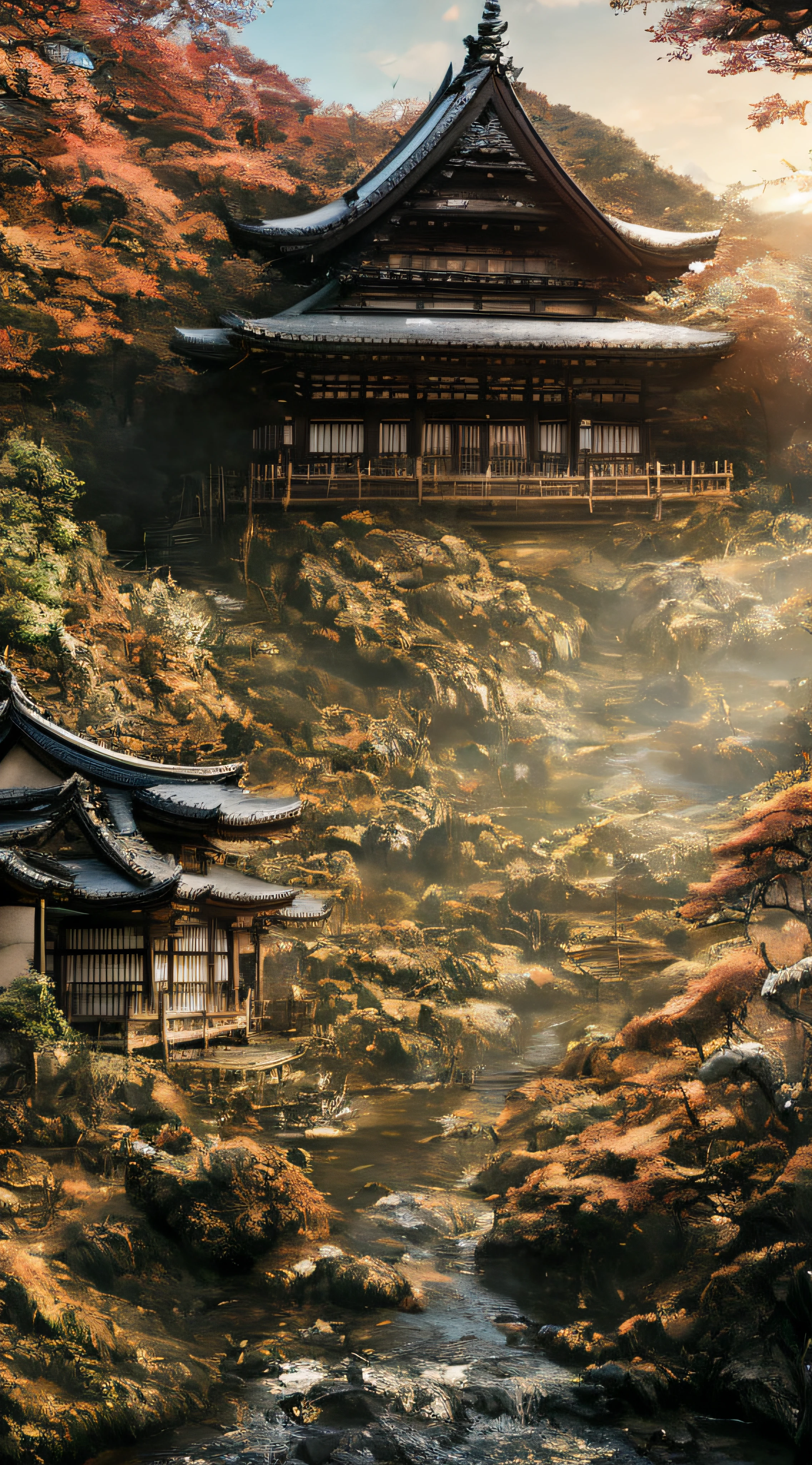 At night, old Kyoto cityscape, Japan-like wooden architecture surrounded by moss and trees, submerged Kyoto city, Kyoto townhouse, Japan residence, Japan Kyoto, Kyoto city integrated with the forest, water flowing on the road, decadent and devastated Kyoto, flooded and covered with forest trees, lanterns, lanterns, fishing lanterns, RAW photos of landscape, detail, photorealistic, ultra-realistic photos, 8k UHD, DSLR, Soft lighting, high quality, film grain, Fujifilm XT3, (masterpiece), human POV, human eye level, masterpiece, top quality, very elaborate CG Unity 8K wallpapers, oil paintings, award-winning photography, bokeh, depth of field, HDR, bloom, chromatic aberration, photorealistic, very detailed, art station, CGSociety, trending trend, complex, High Detail, Dramatic, Art by Mid-Journey, Volumetric Lighting