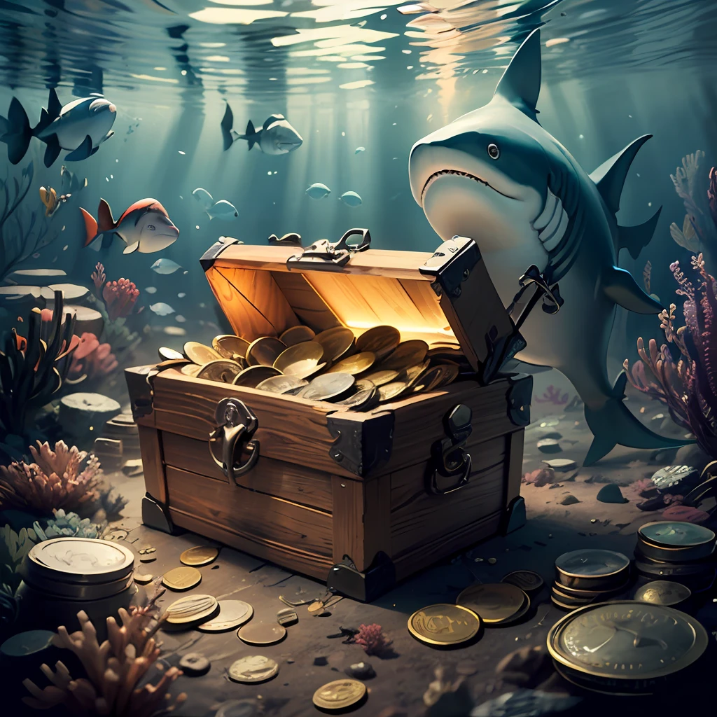 At the bottom of the sea, a shark holds a treasure chest, a treasure chest, a lot of gold coins in the box, Seg punk style,