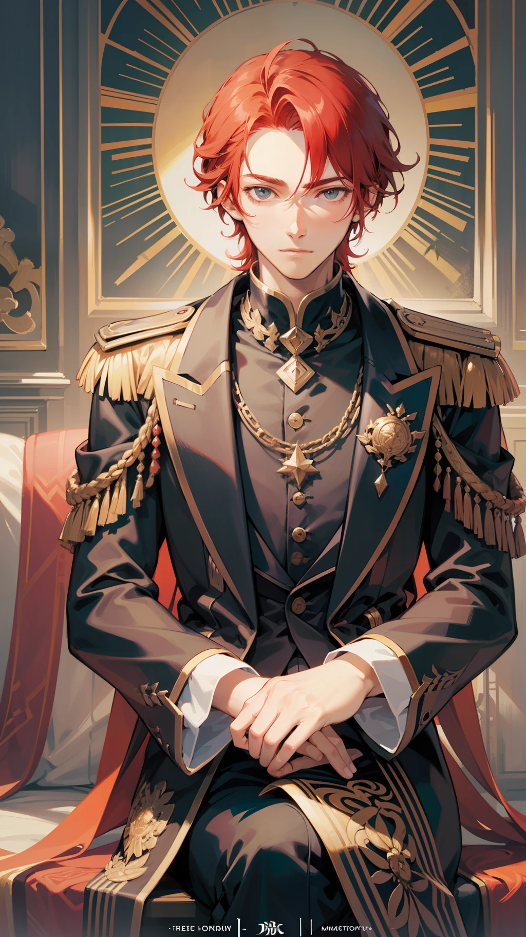 (1 man), (young red haired man), (short wavy hairstyle), wearing black regal outfit, sitting on the round table, looking at the camera, handsome young man, nobelish look, masterpiece artwork, light novel cover art illustration, soft sun lighting