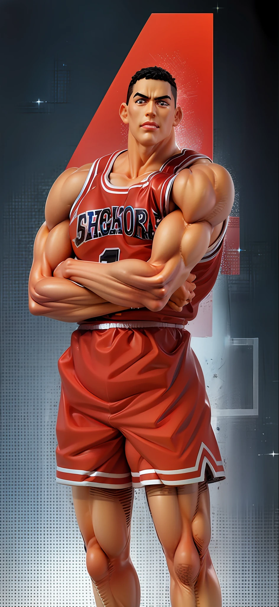 a close up of a cartoon of a basketball player with a red uniform, akihiko yoshida 8 k, akihiko yoshida!, shogakukan, kentaro miura manga art style, kentaro miura manga style, naoki ikushima, akihiko yoshida. nomax, shinkai makoto, slam dunk