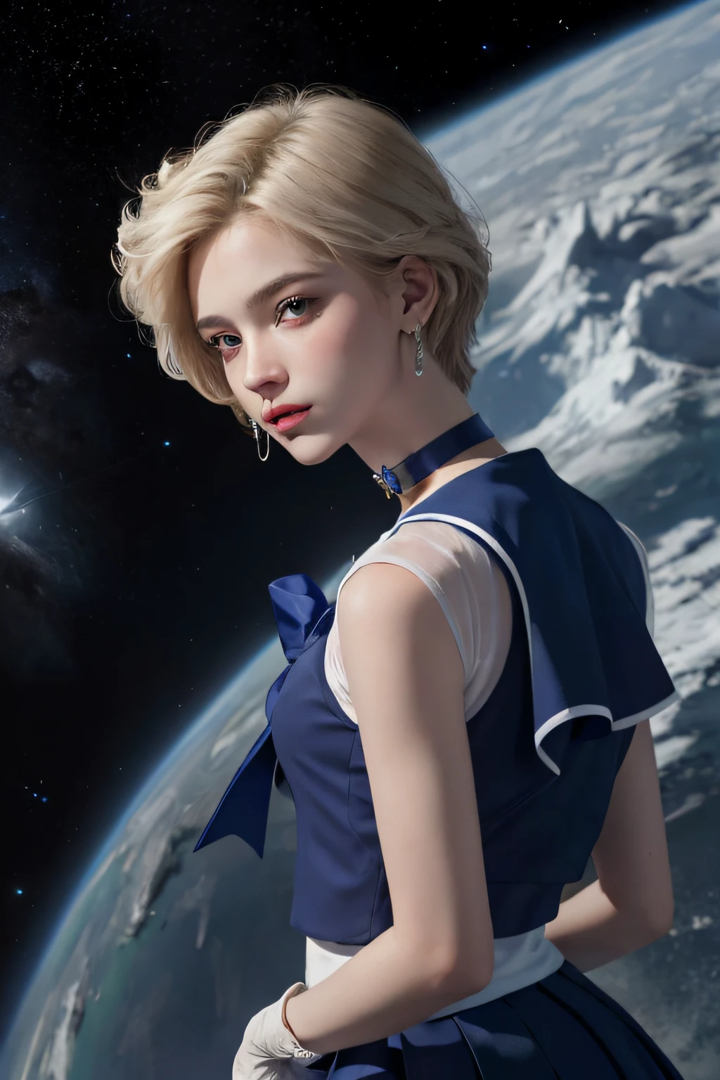 ((HD Real, SAMA1 level)), Extreme Real, Masterpiece, Best Quality, High Definition, SAMA1, Space, Stunning Beauty, Upper Body Shot, 1 Woman, Chest, Gloves, Lips, Solo, Sailor Uranus, Masculine Beauty, Dark Blue Eyes, SM Uniform, mer1, Tiara, Sailor Senshi Uniform, (RAW photo, highest quality), Masterpiece, Pale Blonde, Dark blue sailor color, bow, choker, white gloves, dark blue choker, elbow gloves, jewelry, earrings, dark blue skirt, sole, full body, pale blonde berry short hair, (perfect hands): 3.8, octane rendering, goddess of Uranus, (close-up: 1.2) finely detailed beautiful eyes, close-up, small eyes, look at the viewer, to8contrast style, octane line art, space background, Uranus, slashing effect, dark blue, cold gaze, no makeup, expressionless, lowered hand