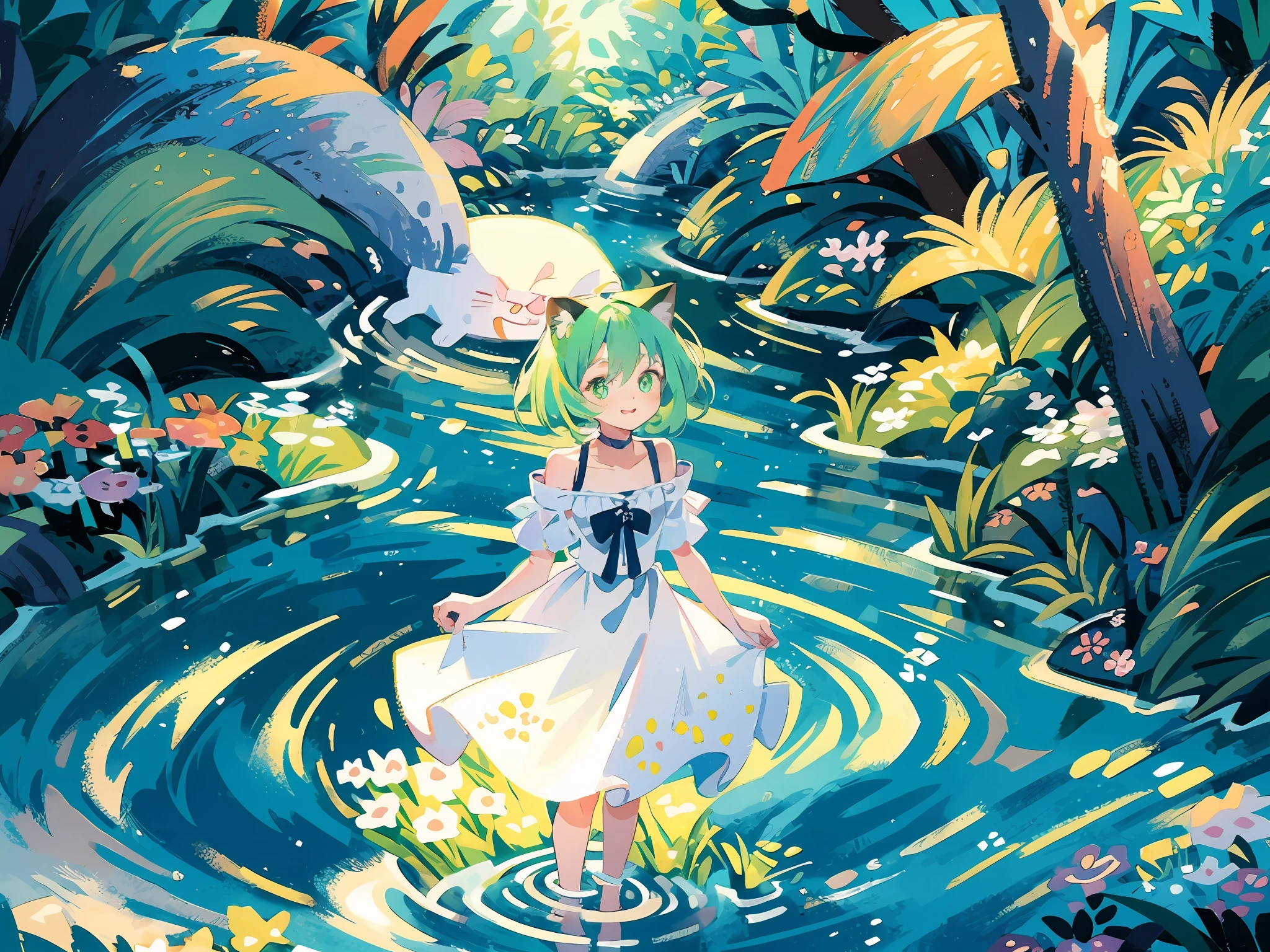 (highest quality), (masterpiece: 1.2), (colorful: 0.9), (ink splash)), (color splashing), (watercolor)))), clear focus, model shot, full body,
(Summer Portrait Goddess: 1.5), cute look, cat ears, elegant green hair, beautiful detailed face and eyes, elegant goddess clothes, ((summer forest background)),
Colored Water, Forest