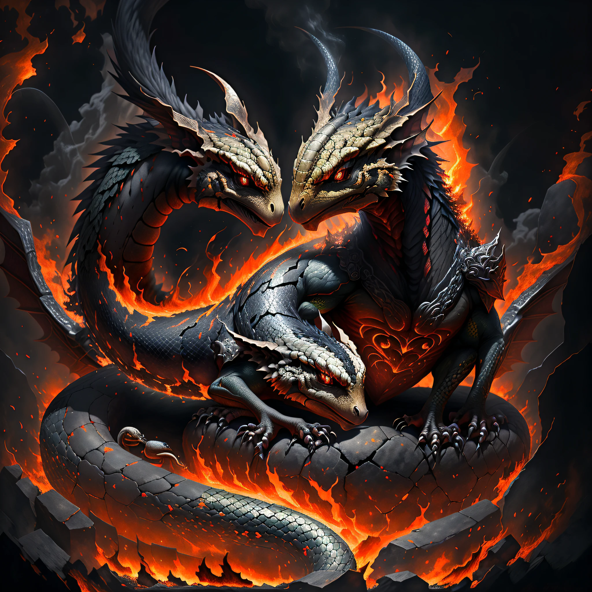Snake, yellow orange and red scales of flames and fire, crimson bladed tail, this creature is blaze, curled up in the heart of a inferno, masterpiece, best quality