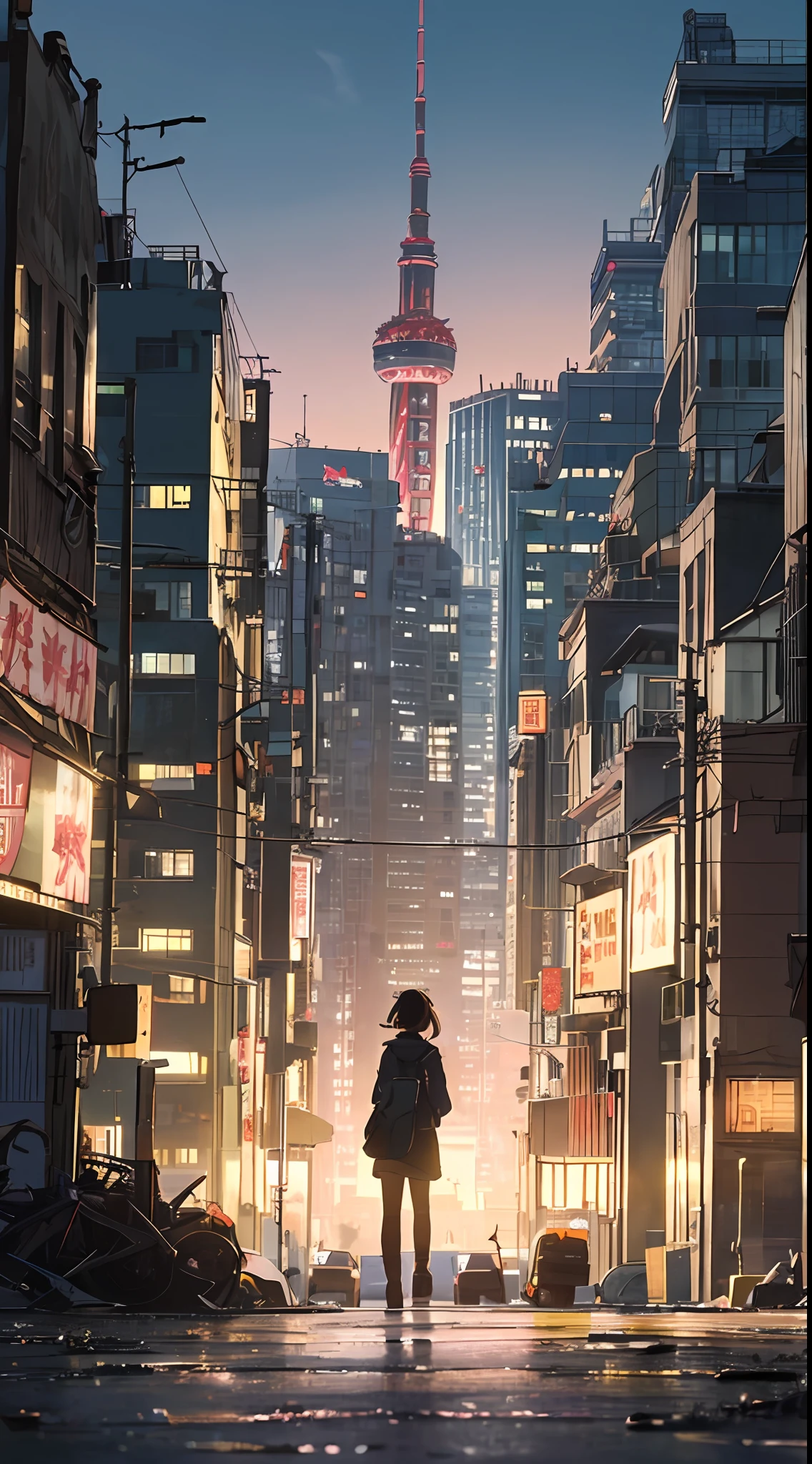 A dystopian ray of hope, a girl wandering into the dark city of Shanghai, the shadow of a littles back in the back of the center of the screen, a very complex cityscape, a devastated world, a pulling composition, industrial,