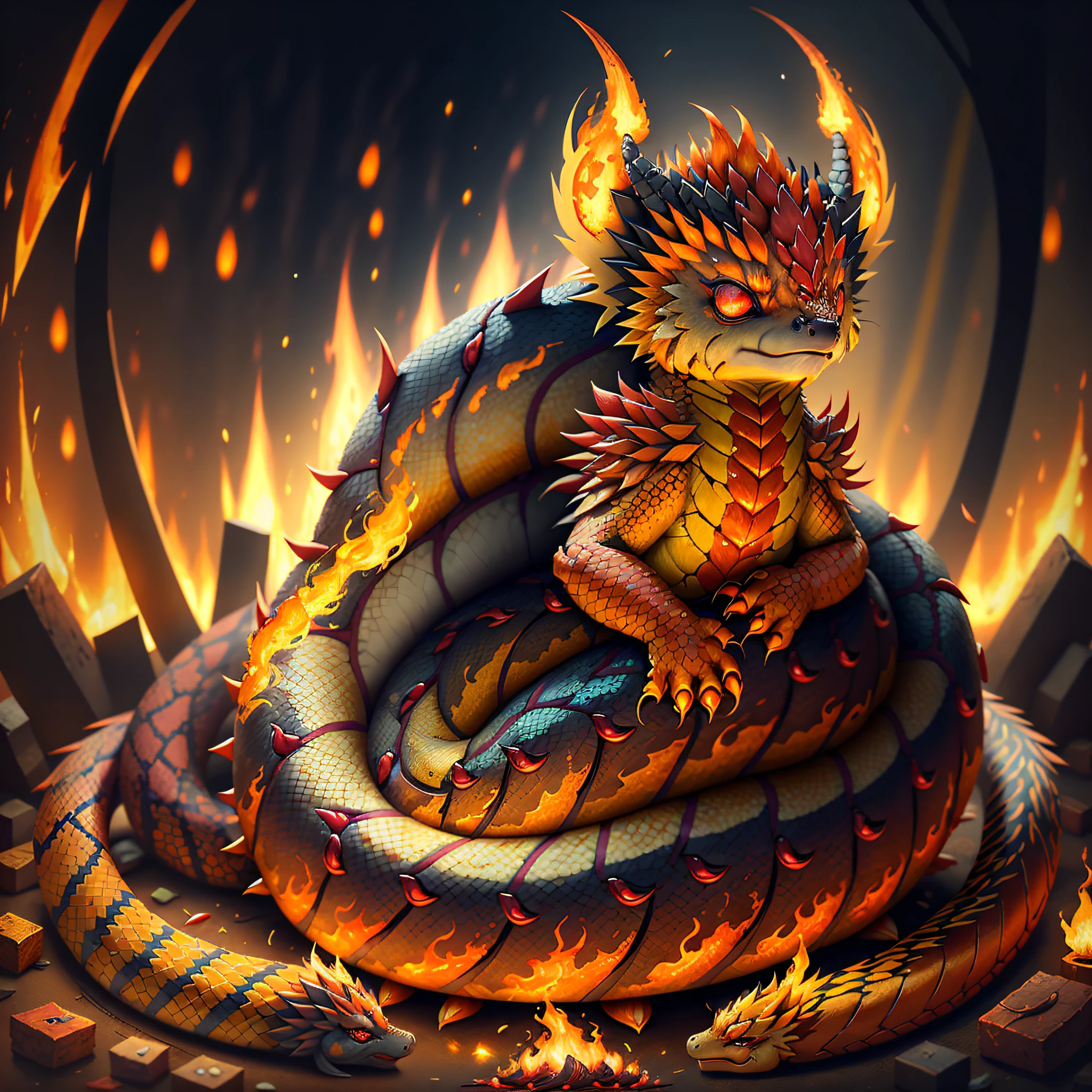 Snake, yellow orange and red scales of flames and fire, crimson bladed tail, this creature is blaze, curled up in the heart of a inferno, masterpiece, best quality