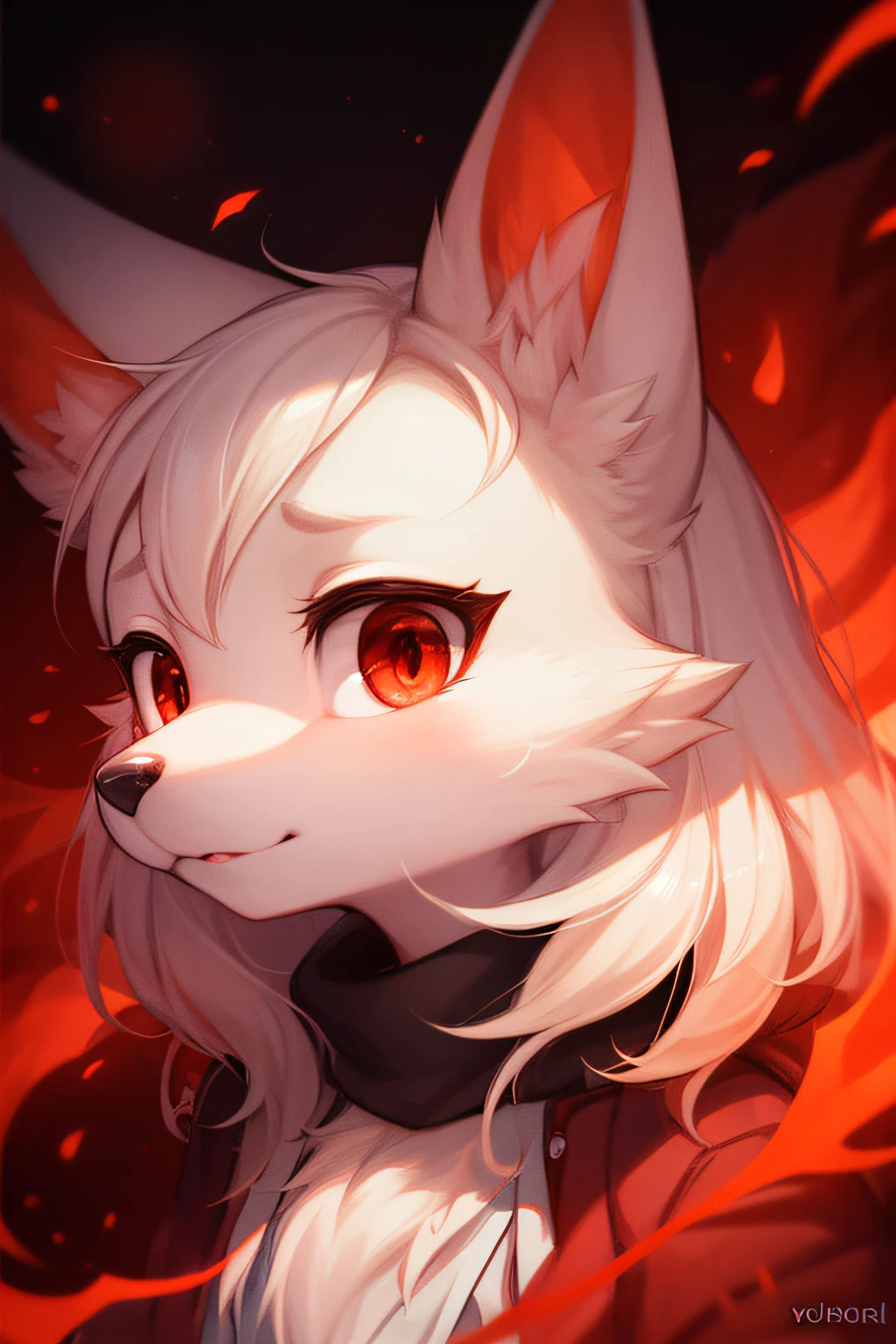furry, white fur, ultra cute face, red elements on fur, beautiful lights and shadows, ambient light, ultra detailed fur, volumetric light