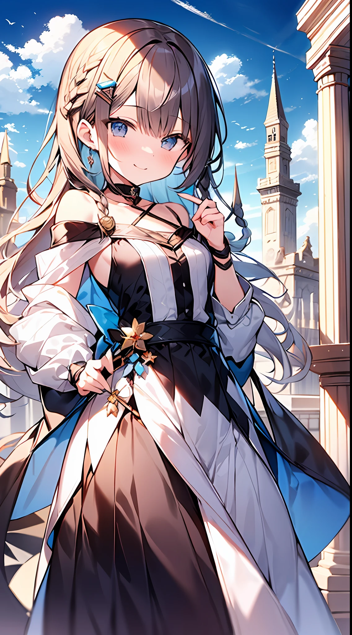 (incredibly absurdres absolutely resolution: 1.5), highest quality, masterpiece, ultra high resolution, 8k, (multiple girls), (gorgeous dresses with many gorgeous and colorful decorations) BREAK shoujo manga style, (loli), soft line drawing, digital enhancement, shojo manga touch, environmental change scenes, shojo manga core, ( Hair length to shoulders))), (((short braid))), teasing smile, ancient capital of the West, angle from which the whole body is visible, entangle, beautiful and aesthetic: 1.5, High quality: 1.3