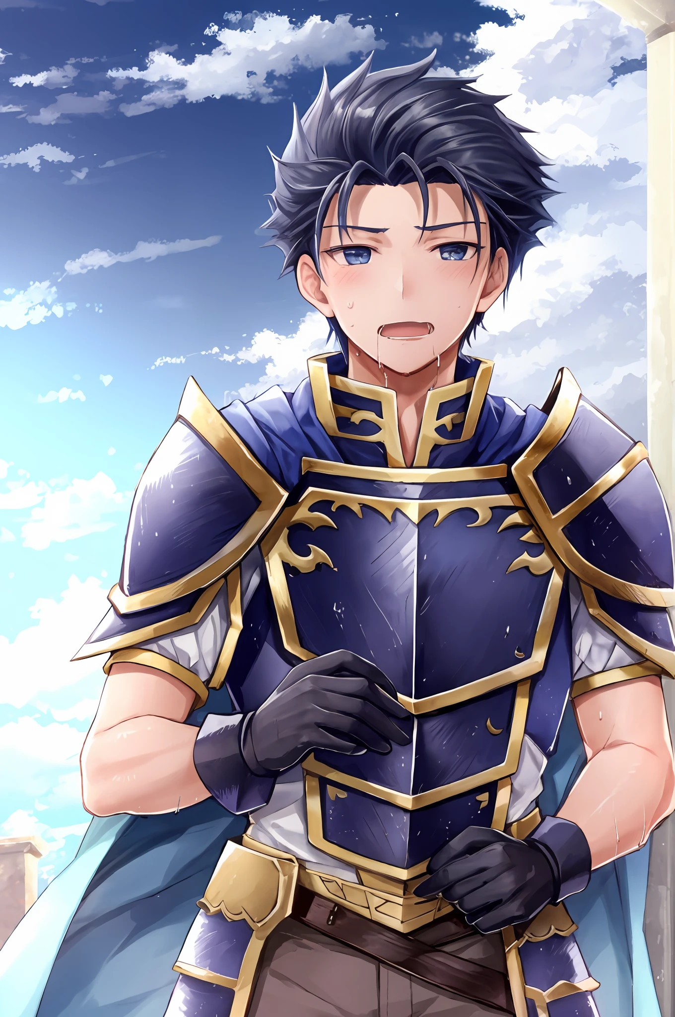 Hector Fey, Ultra High Quality CG, Solo, Looking at the Audience, Open Mouth, Sweaty, Wet, Wet, Drooling, Gloves, 1boy, Upper Body, Staddling, Male Focus, Sky, Clouds, Cloak, Armor
