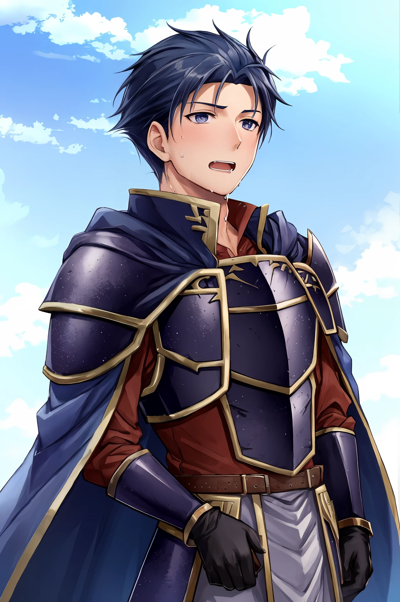 Hector Fey, Ultra High Quality CG, Solo, Looking at the Audience, Open Mouth, Sweaty, Wet, Wet, Drooling, Gloves, 1boy, Upper Body, Staddling, Male Focus, Sky, Clouds, Cloak, Armor