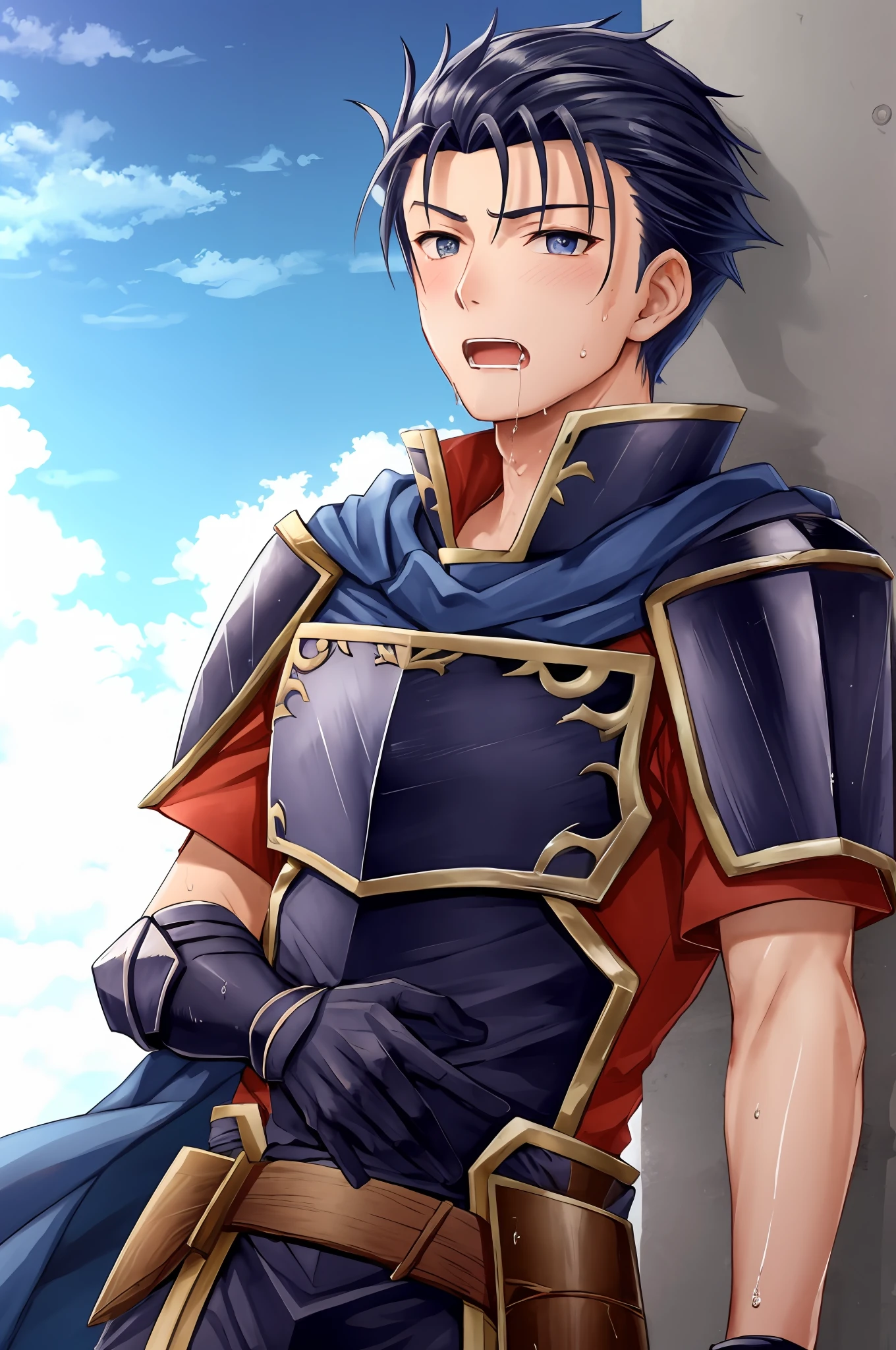 Hector Fey, Ultra High Quality CG, Solo, Looking at the Audience, Open Mouth, Sweaty, Wet, Wet, Drooling, Gloves, 1boy, Upper Body, Staddling, Male Focus, Sky, Clouds, Cloak, Armor
